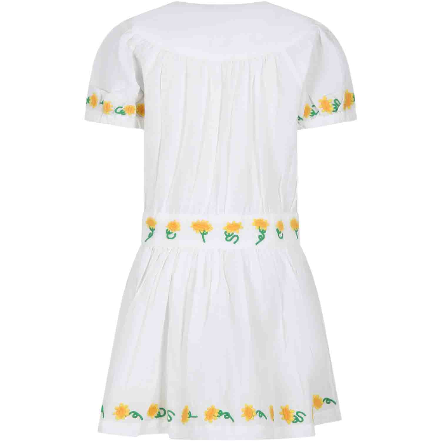 Shop Stella Mccartney White Dress For Girl With Embroidered Sunflowers