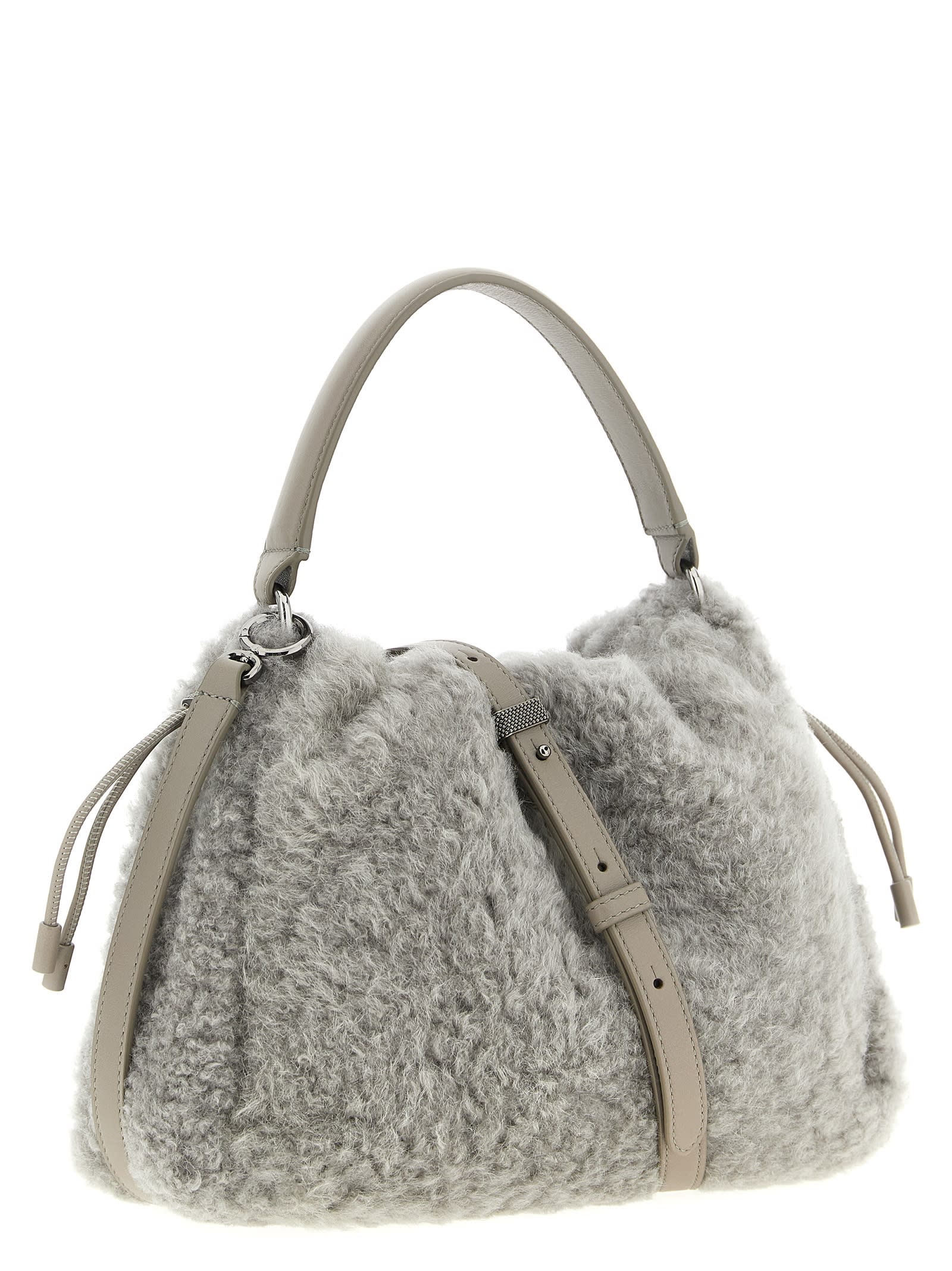 Brunello Cucinelli Women Small Shearling Mellow Shoulder Bag In Gray