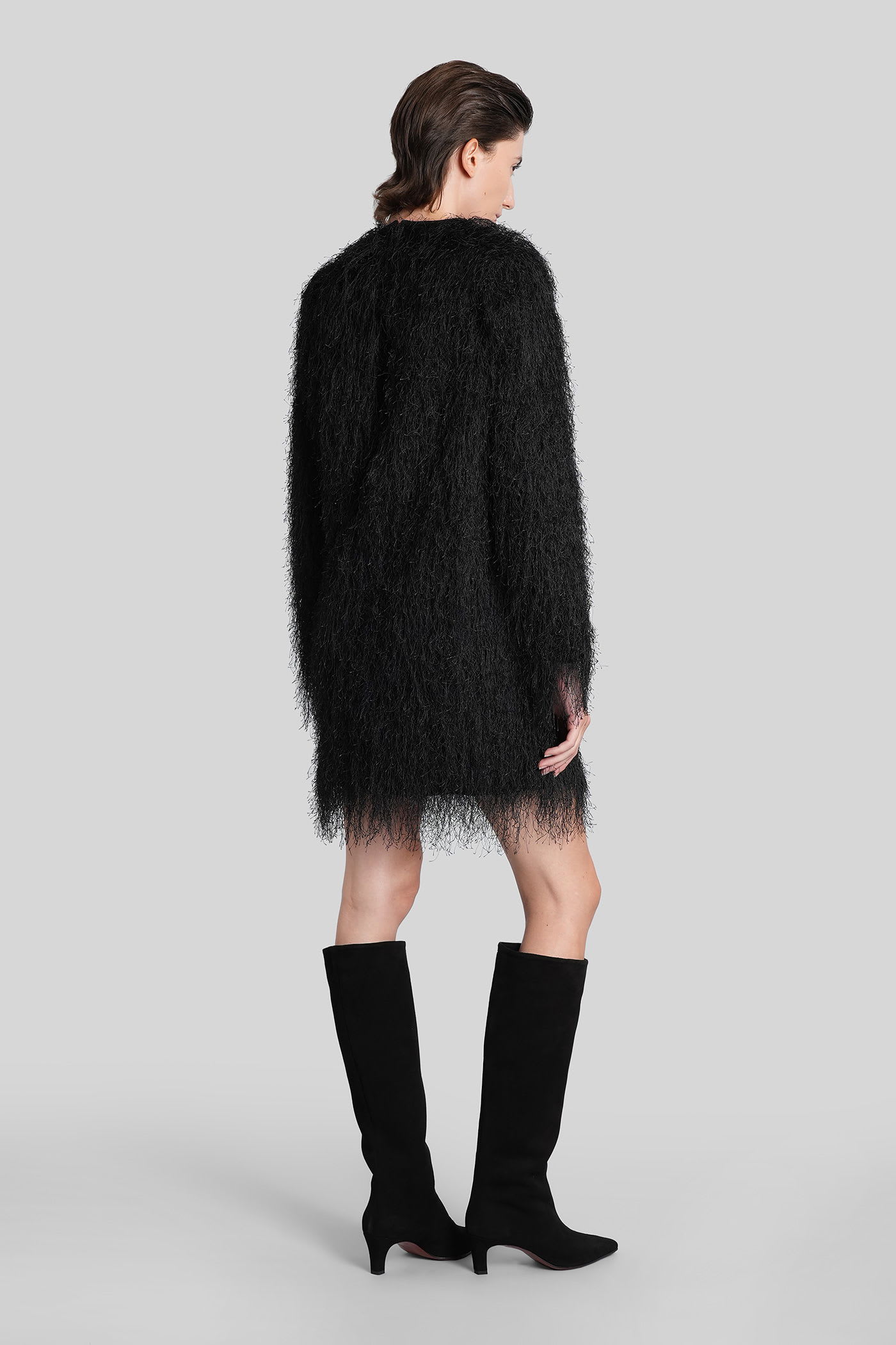 Loulou Studio Fringed Dress With Long Sleeves And Round Neckline In Black