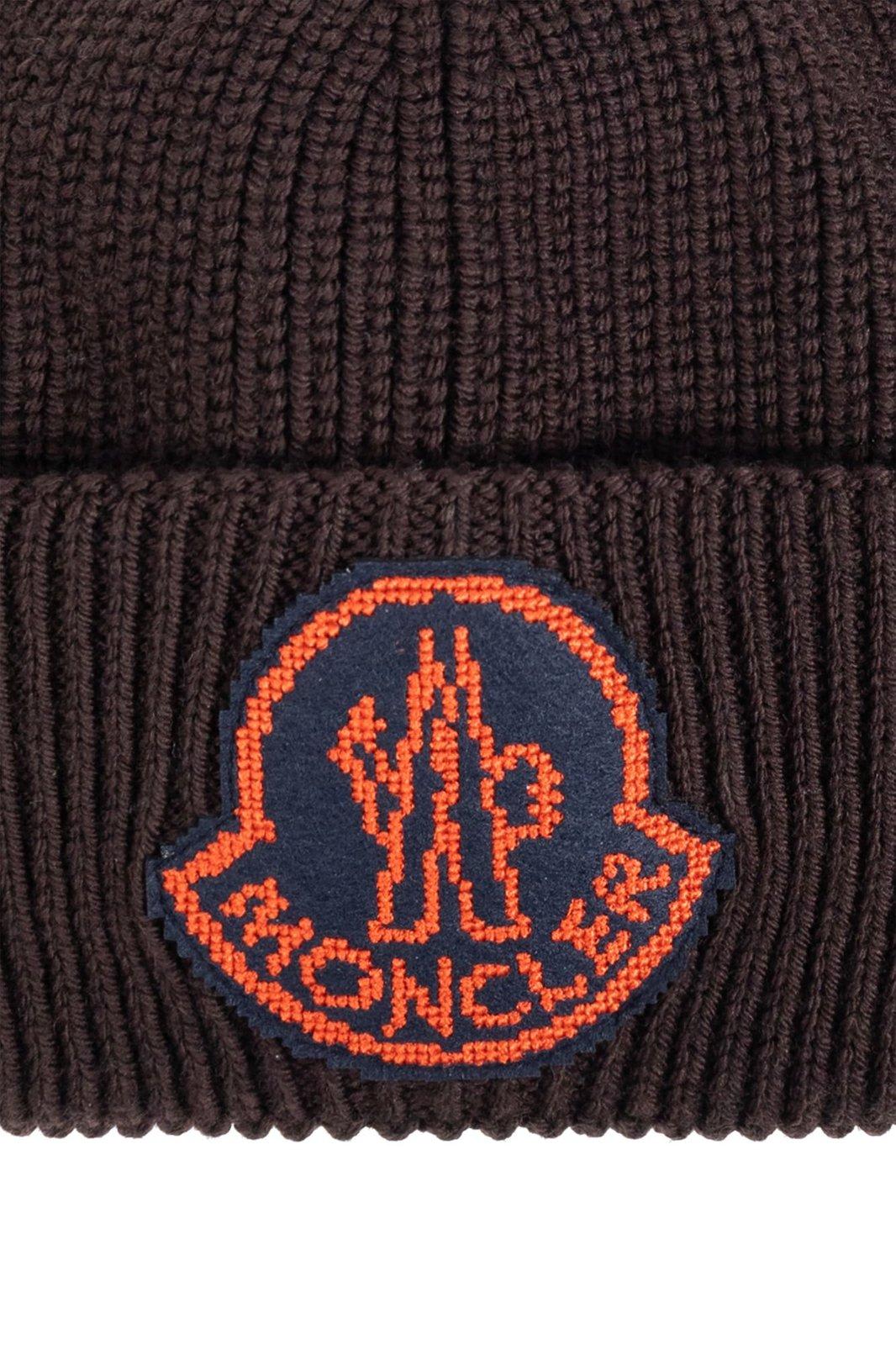 Shop Moncler Logo Patch Ribbed Beanie In Bright Blue