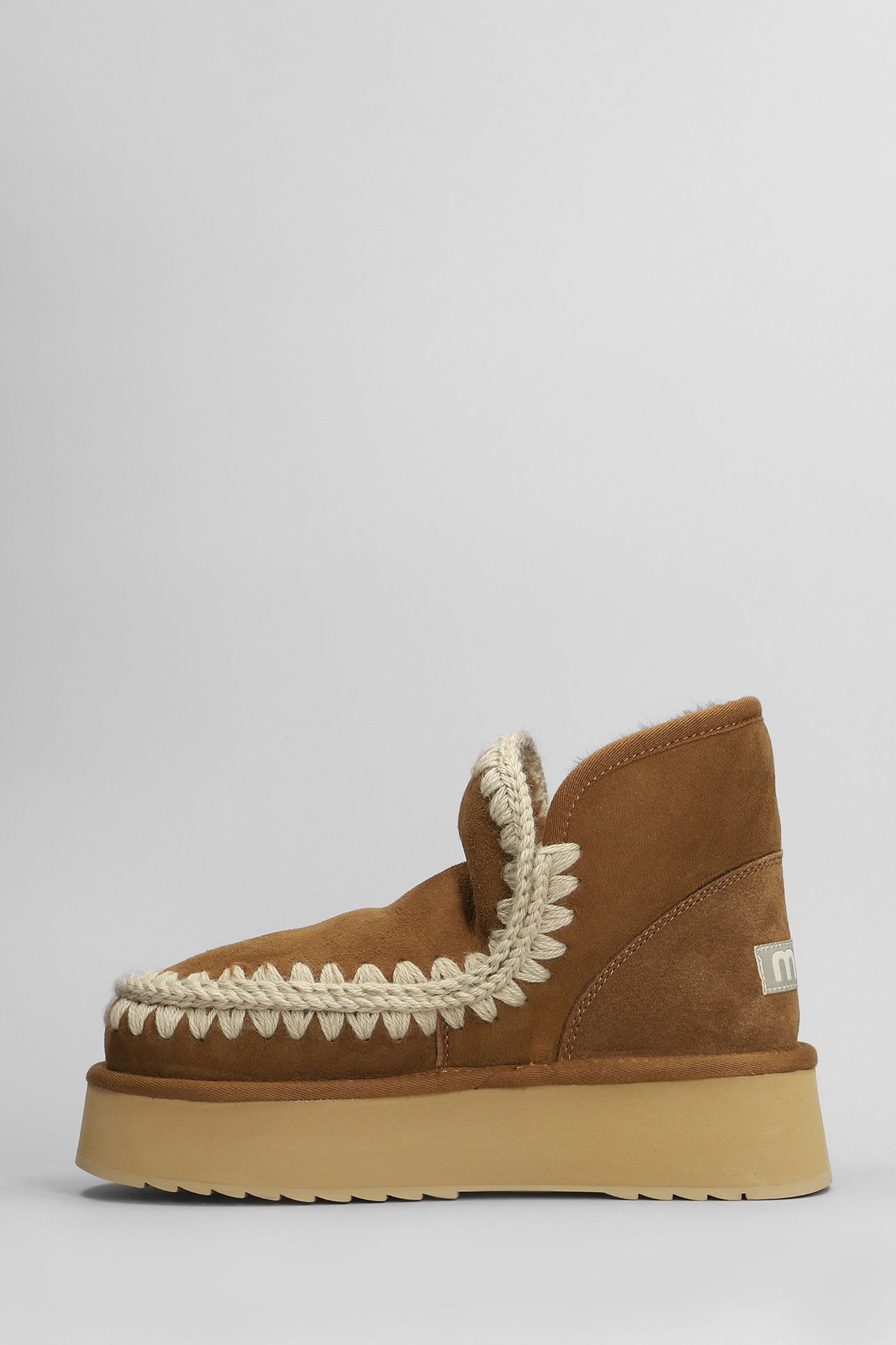 Mou Mini Eskimo Beige Ankle Boots With Logo Patch On The Rear In Leather And Suede Woman In Brown