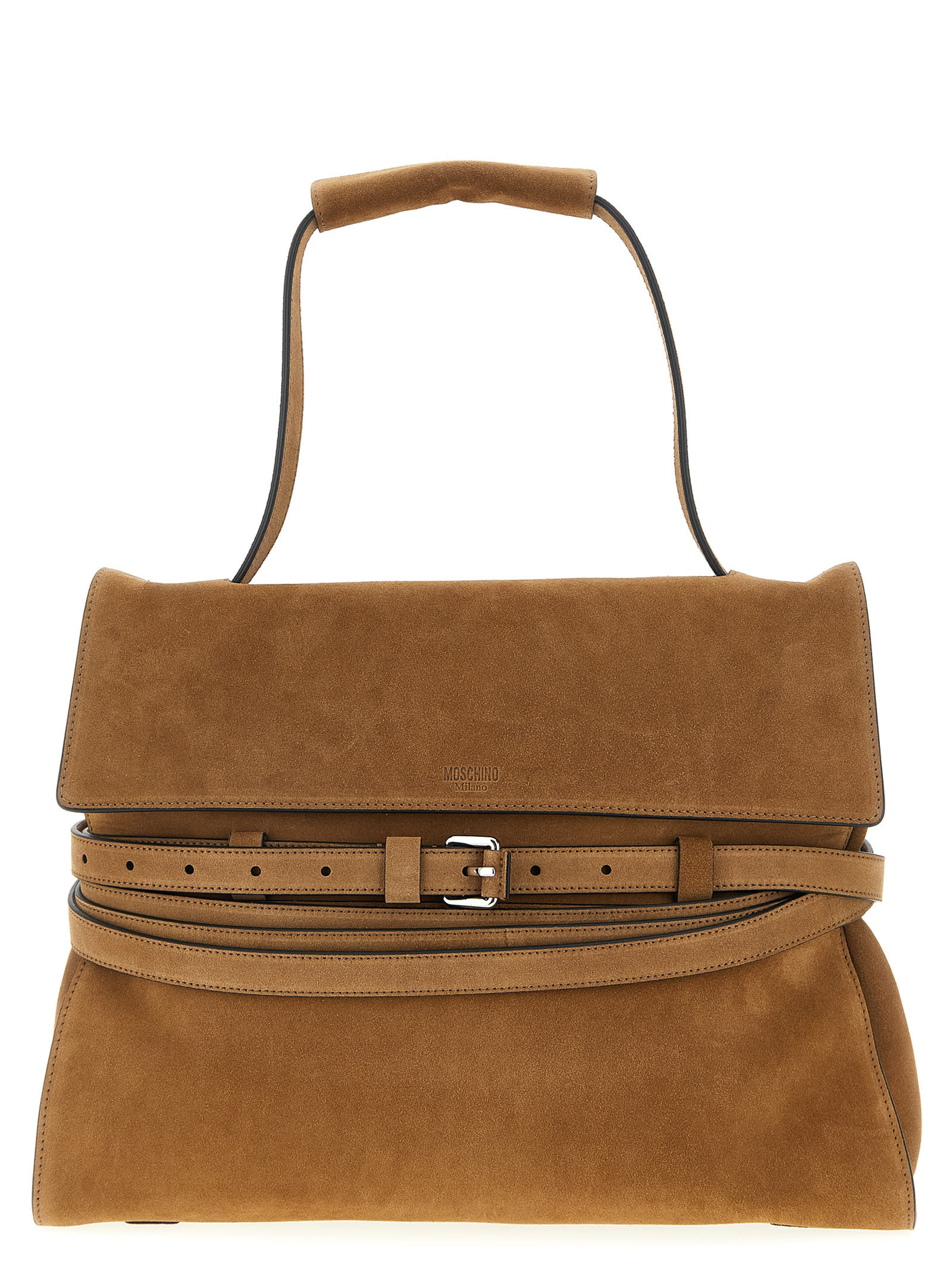 Moschino Medium Tie Me Belt-detail Suede Shoulder Bag In Brown