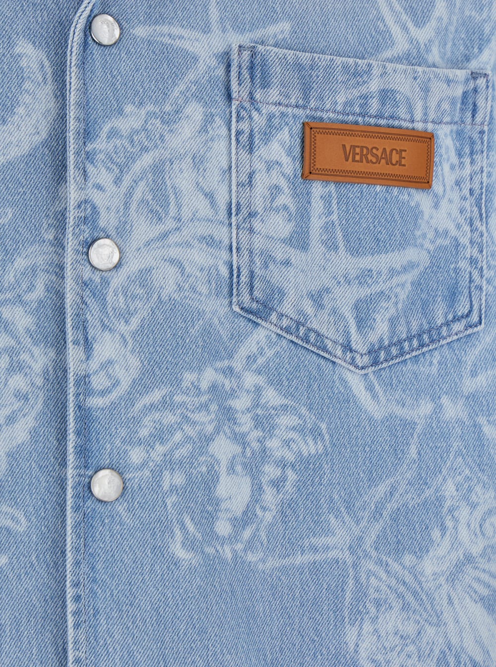 Shop Versace Light Blue Barocco Shirt With Barocco Sea Print In Cotton Denim Man