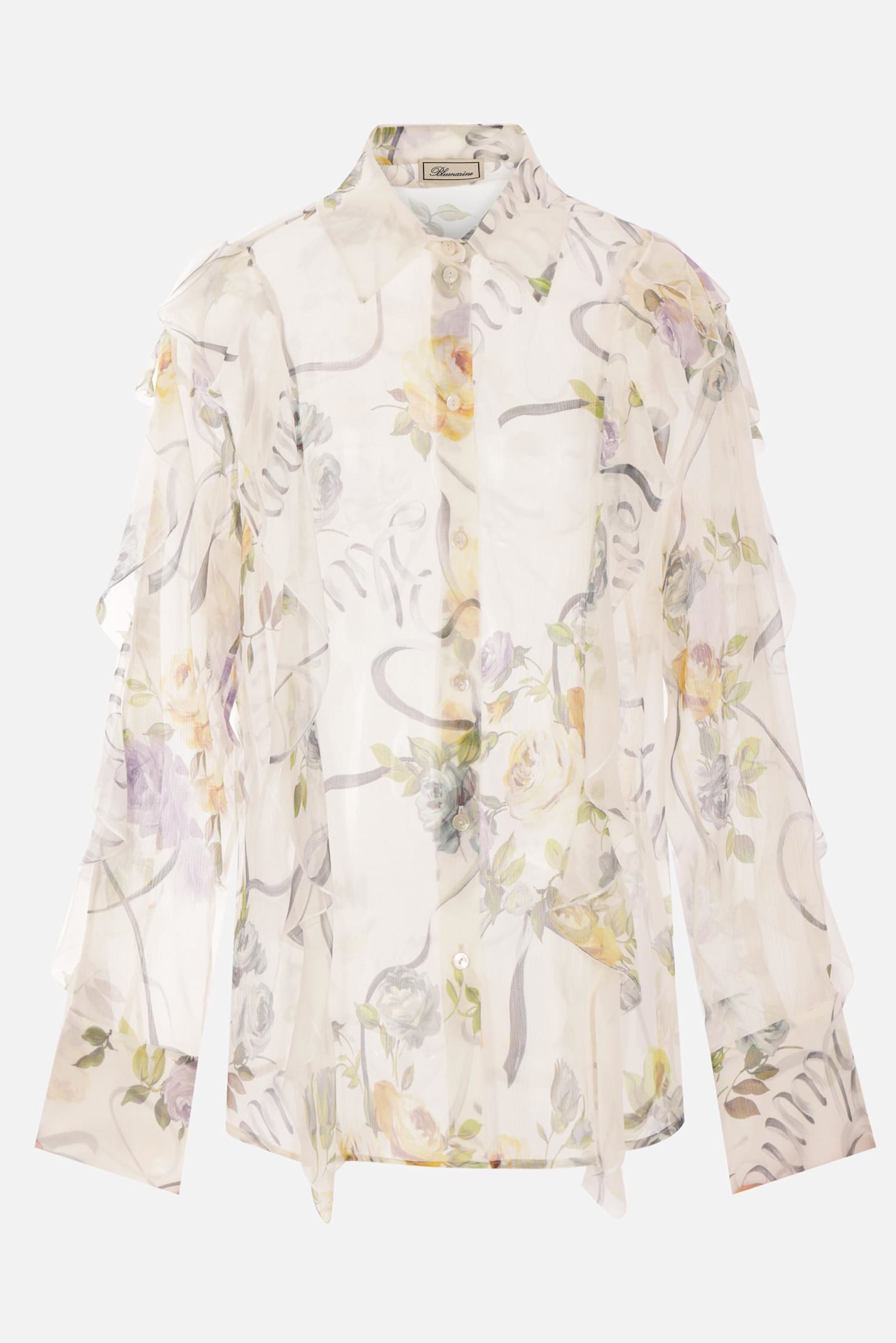 Blumarine Ruffled Floral-print Silk Blouse In Violet/white