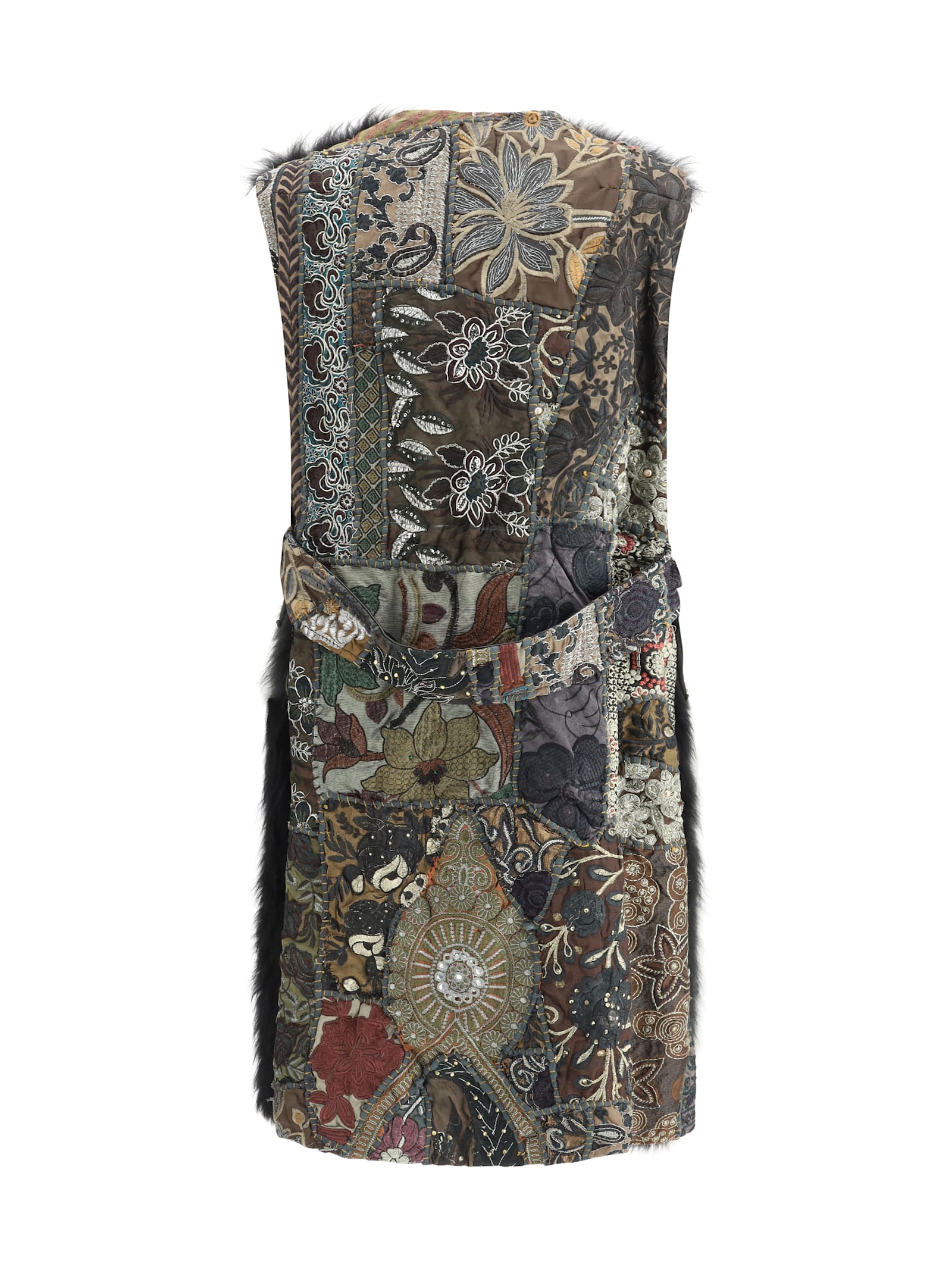 Ella Multicolored Patchwork Jacket Belted Waist In Brown