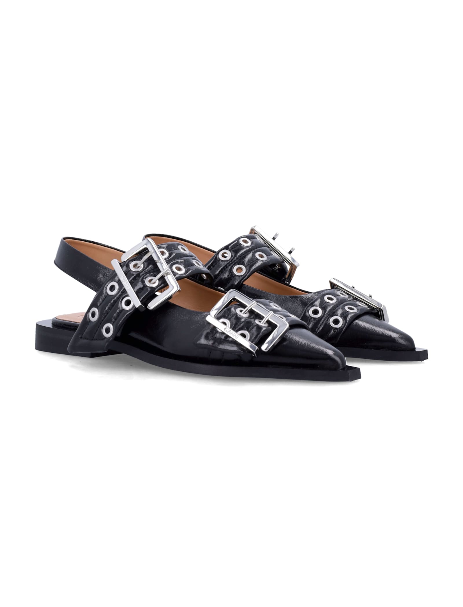 Ganni Feminine Buckle Ballerinas In Black