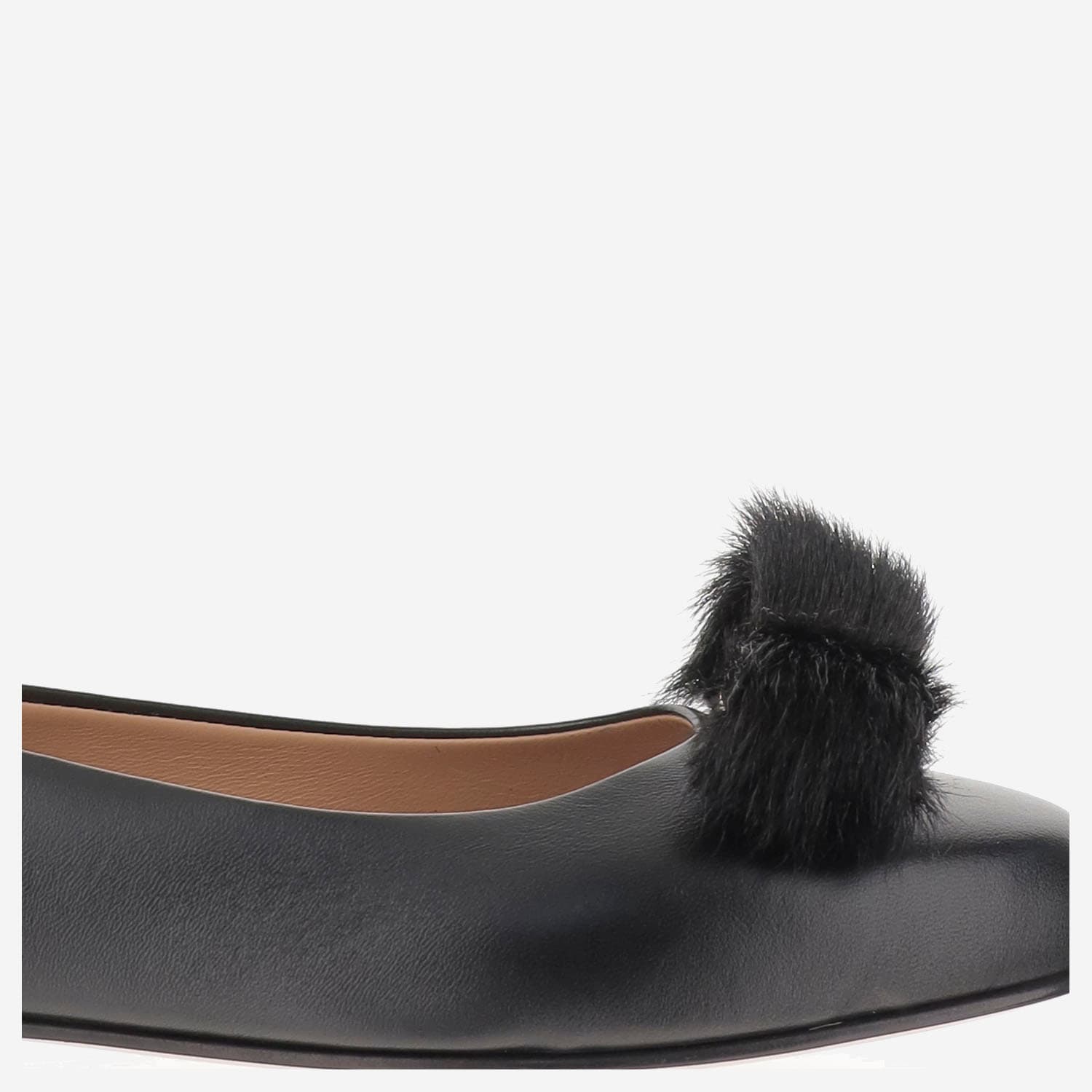 Ferragamo Vara Leather Fur-pompom Ballerina Shoes In Black