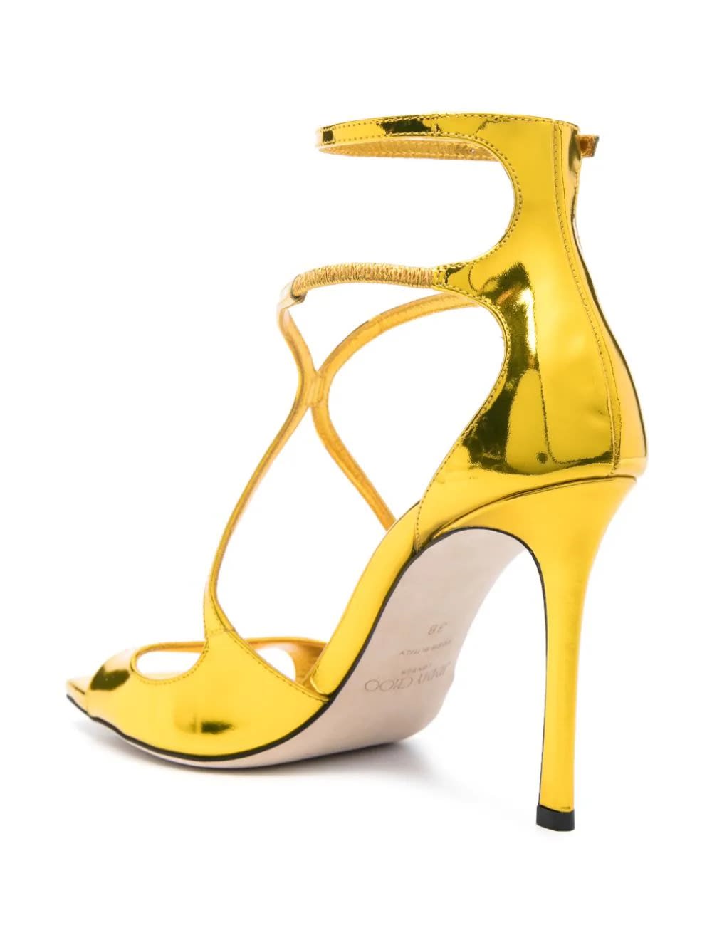 Shop Jimmy Choo Citrine Liquid Metal Leather Azia 95 Sandals In Yellow