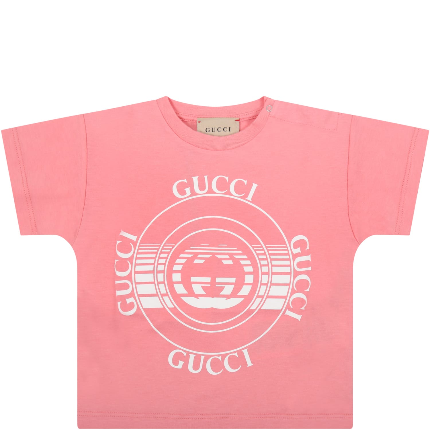 GUCCI PINK T-SHIRT FOR BABYGIRL WITH LOGOS,11824784