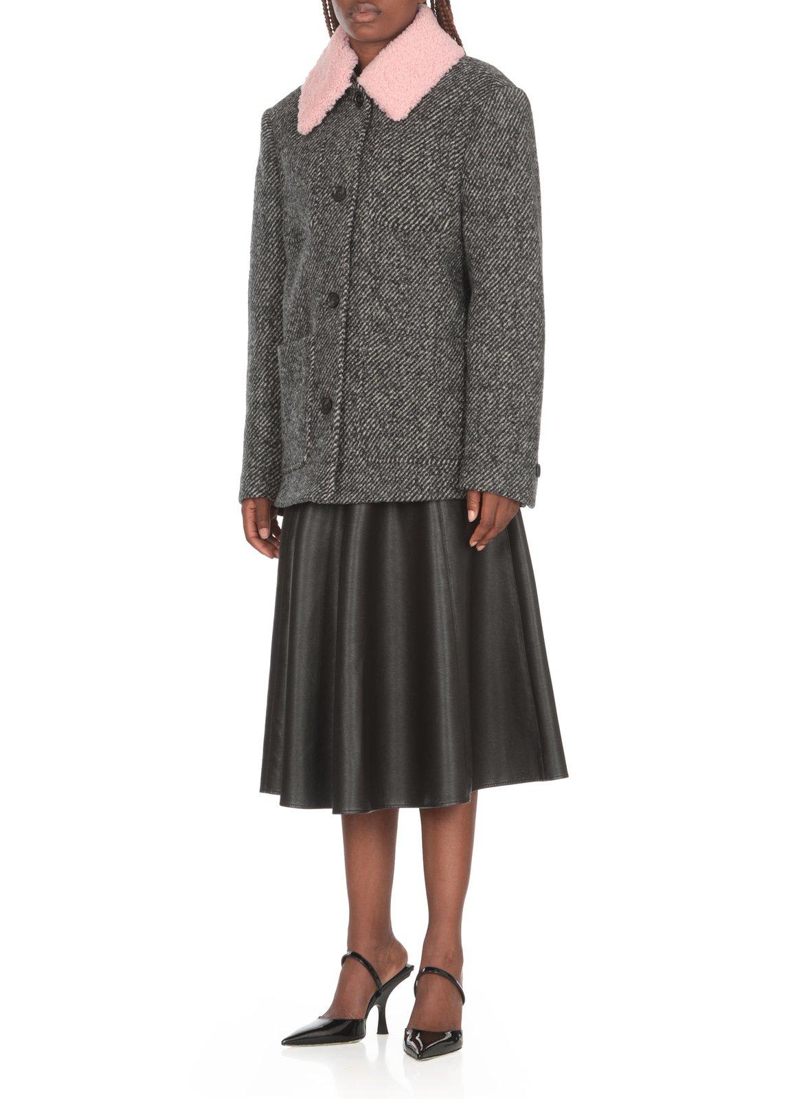 Shop Msgm Fur Collar Buttoned Jacket In Grey Melange