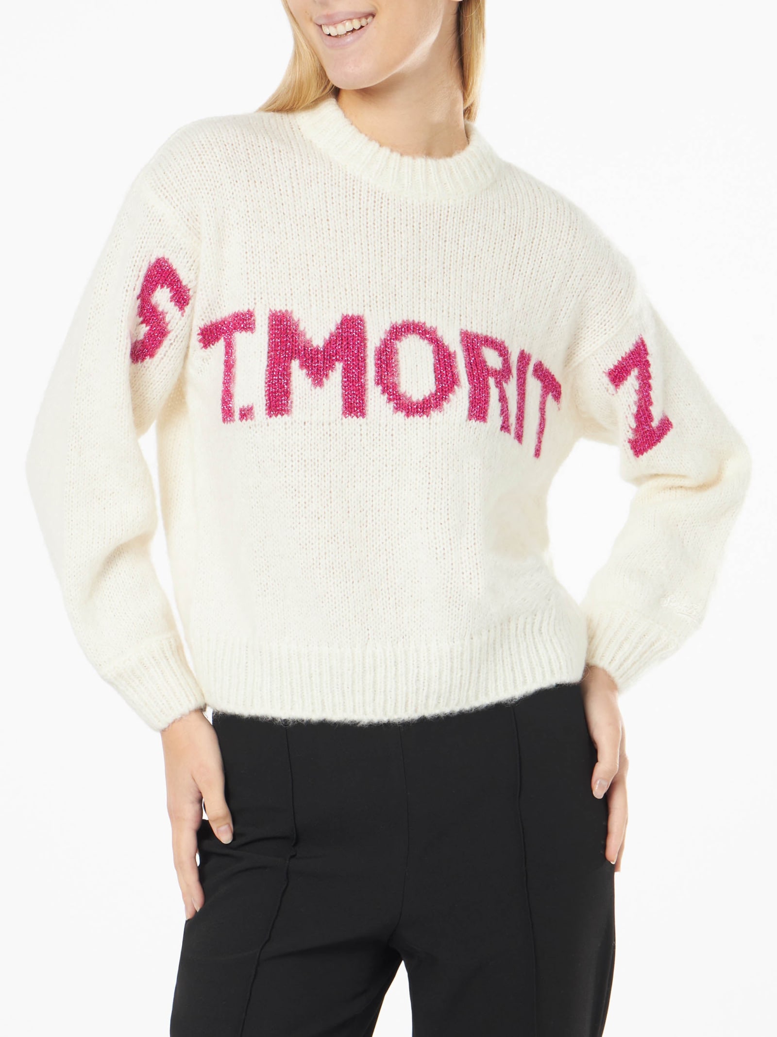 Shop Mc2 Saint Barth Woman Boxy Shape Soft Sweater With St. Moritz Jacquard Print In White