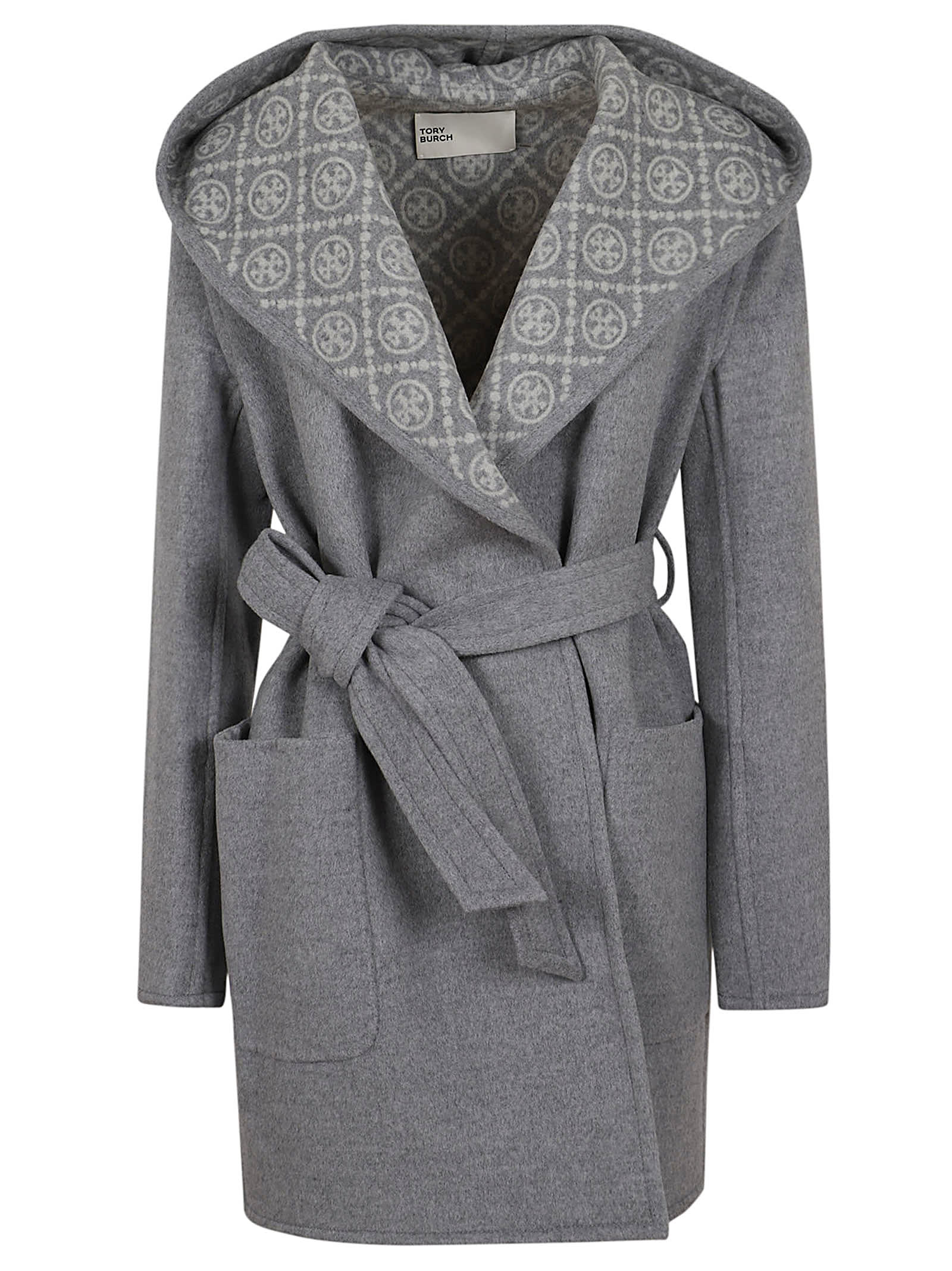 Shop Tory Burch Wool Overcoat In Gray T Monogram