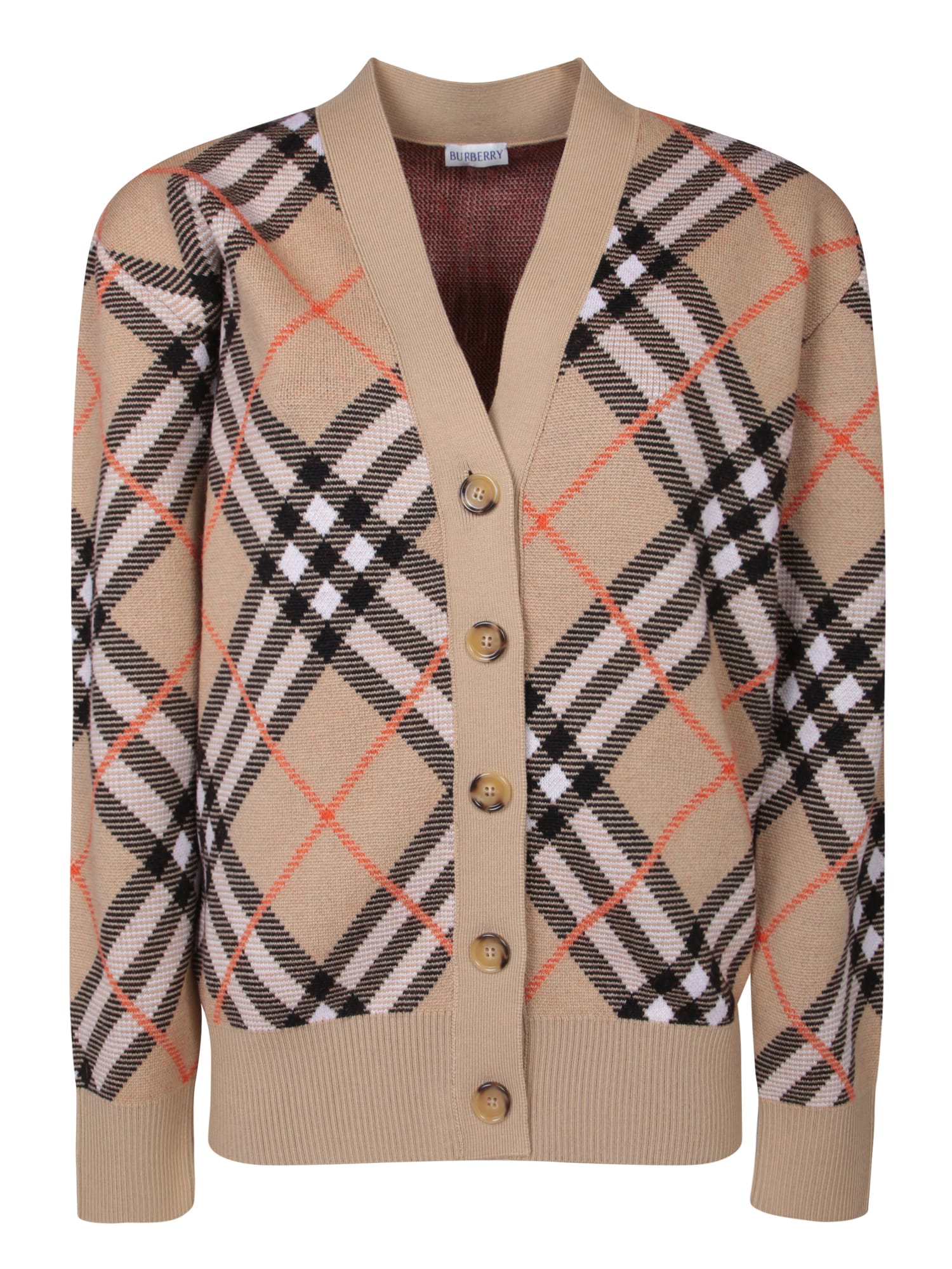 Shop Burberry Beige Check Cashmere Cardigan