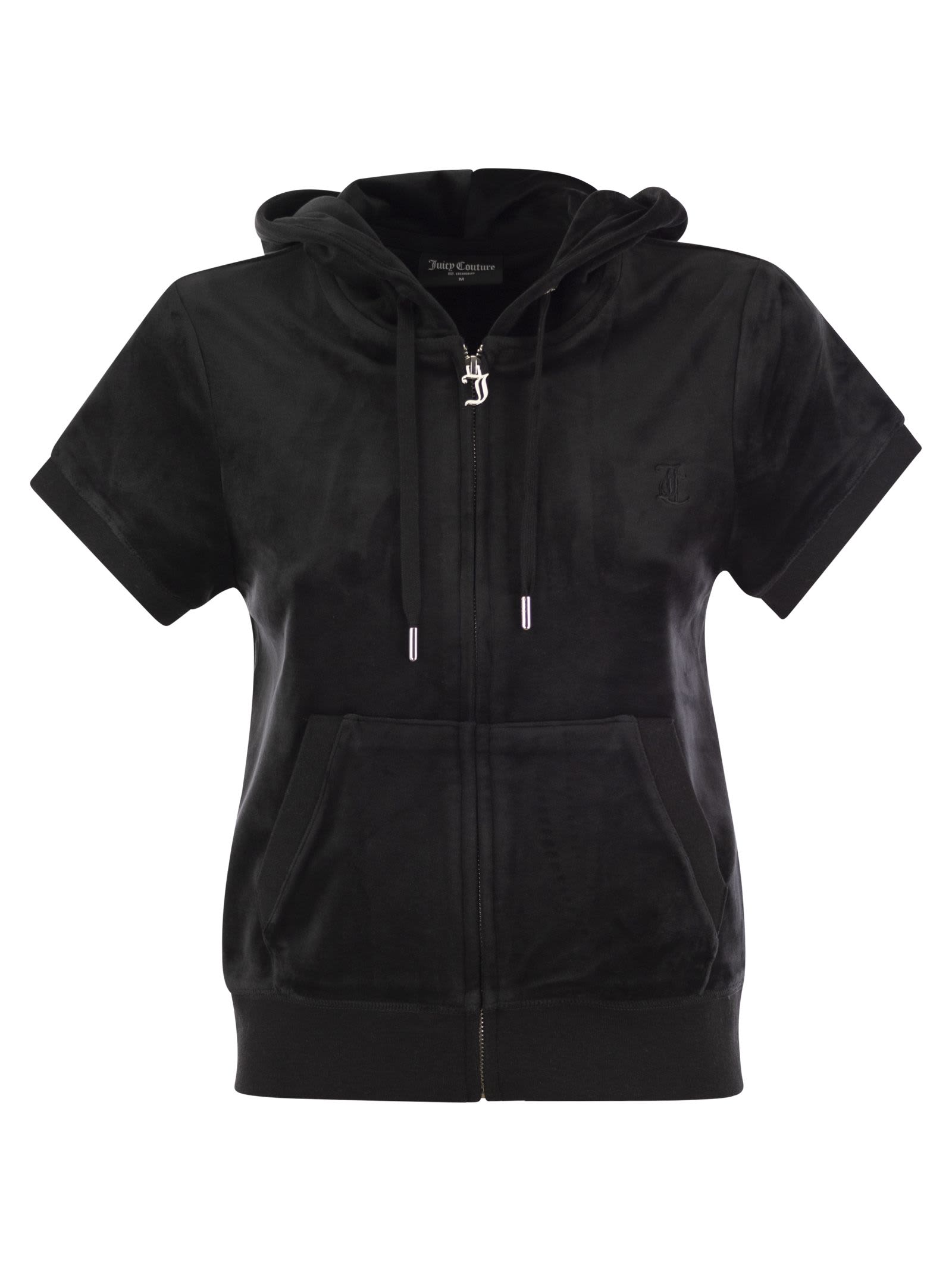 Shop Juicy Couture Short-sleeved Velvet Hoodie In Black