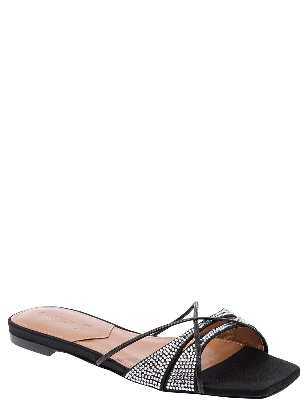 Shop D’accori Lust Black Flat Sandals With Criss-cross Straps With Rhinestone In Satin Woman