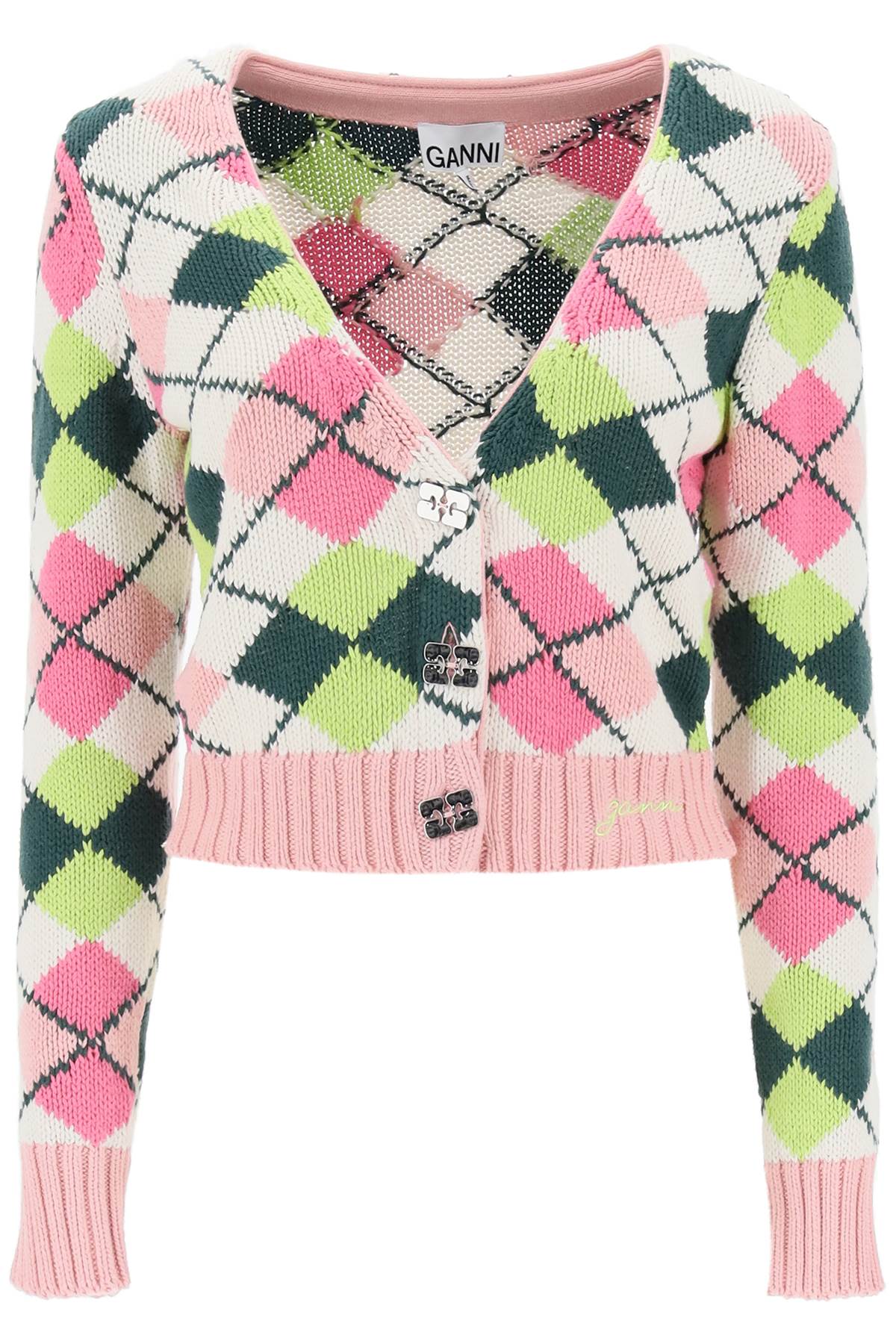 Shop Ganni Cropped Cardigan With Lozenge Motif In Multicolour