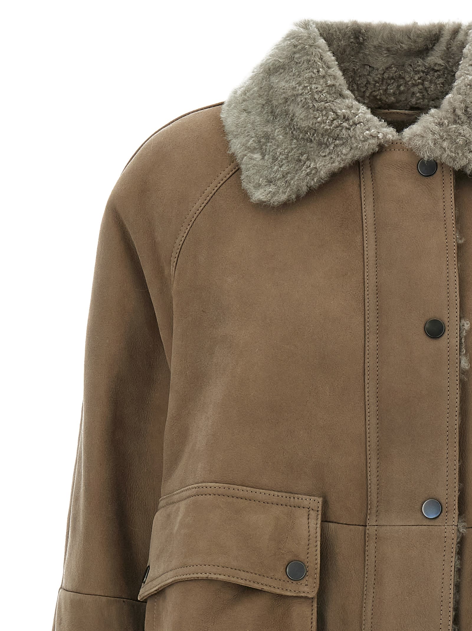 Brunello Cucinelli Shearling Leather Jacket In Neutral
