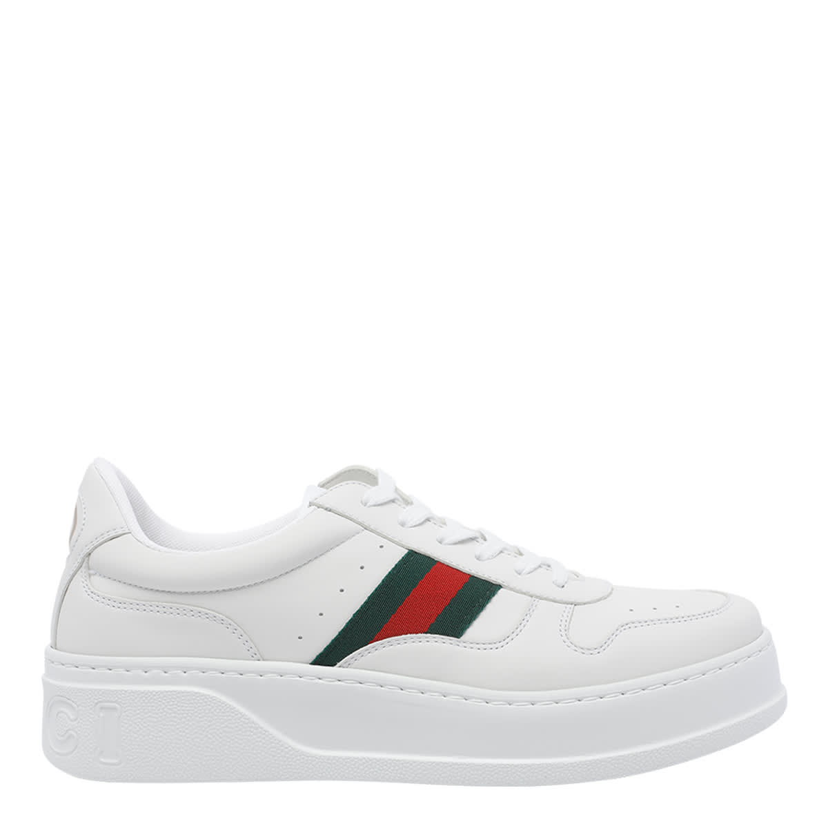 Gucci Men White Sneakers With Web Detail And Oversized Sole In Leather Man In White