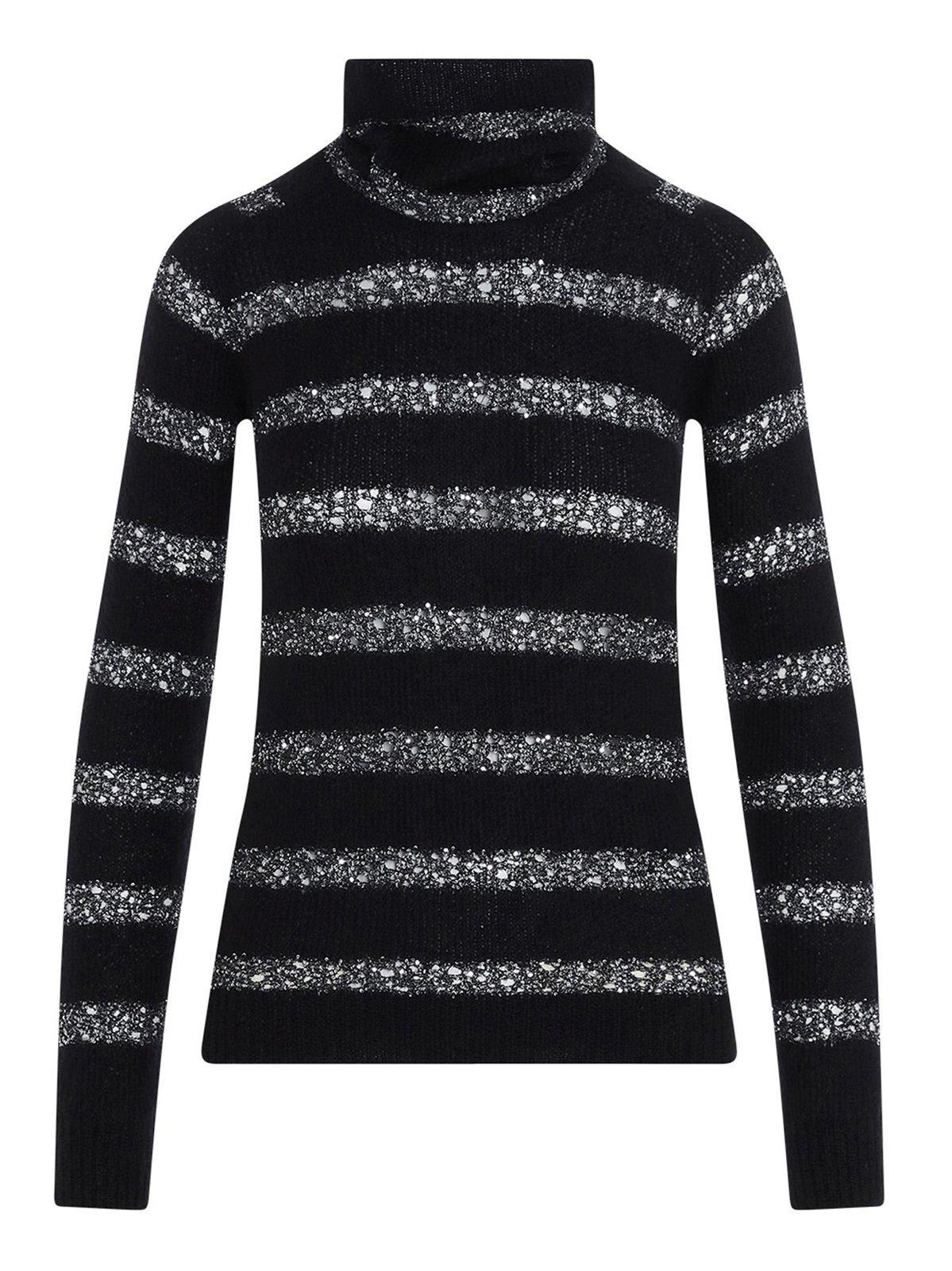 Shop Saint Laurent Striped Lurex Turtleneck Sweater In Black