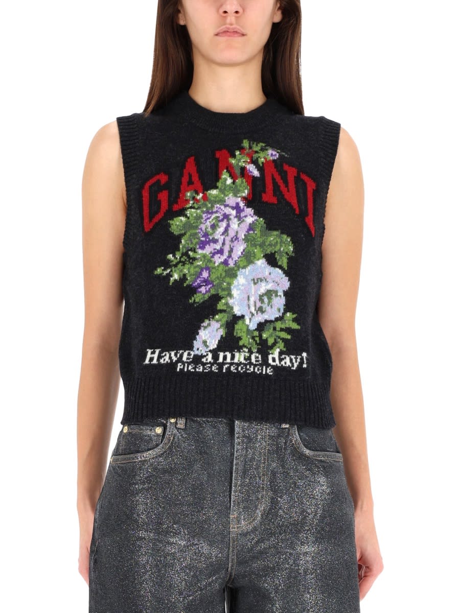 Ganni Flowers Grey Vest In Gray