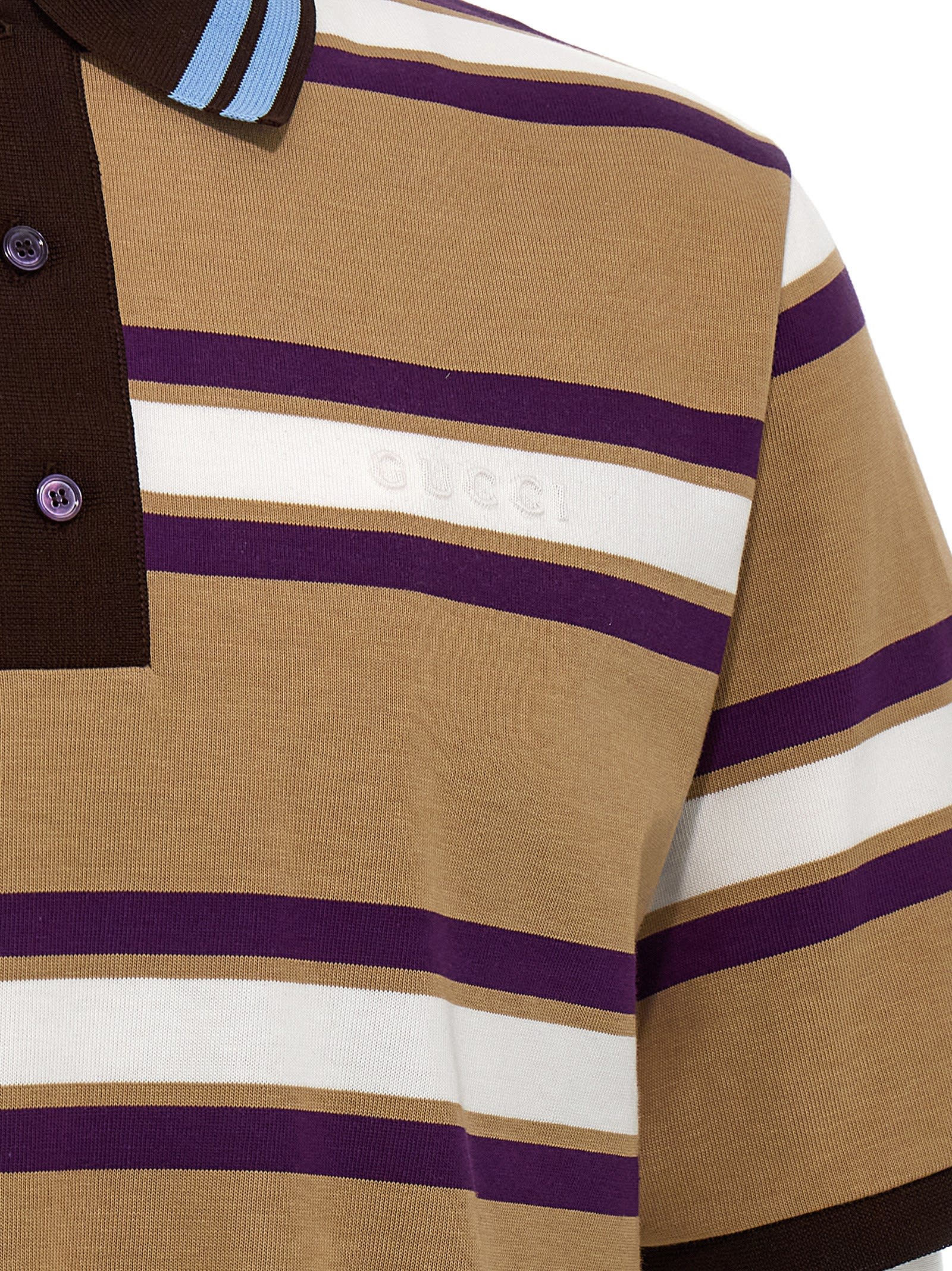 Gucci Beige Polo Shirt With Logo Imprinted On The Front And All-over Striped Motif In Cotton Man In Brown