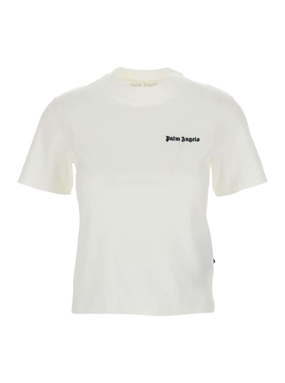 Shop Palm Angels White Fitted Crewneck T-shirt With Emboridered Logo In Cotton Woman