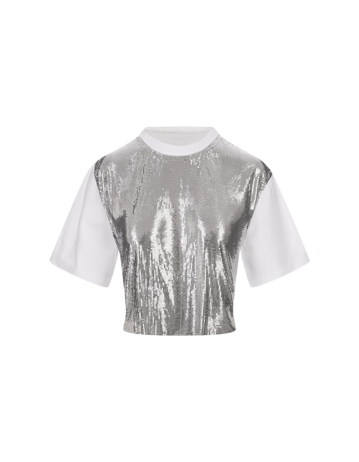 White Short T-shirt With Silver Mesh Panel