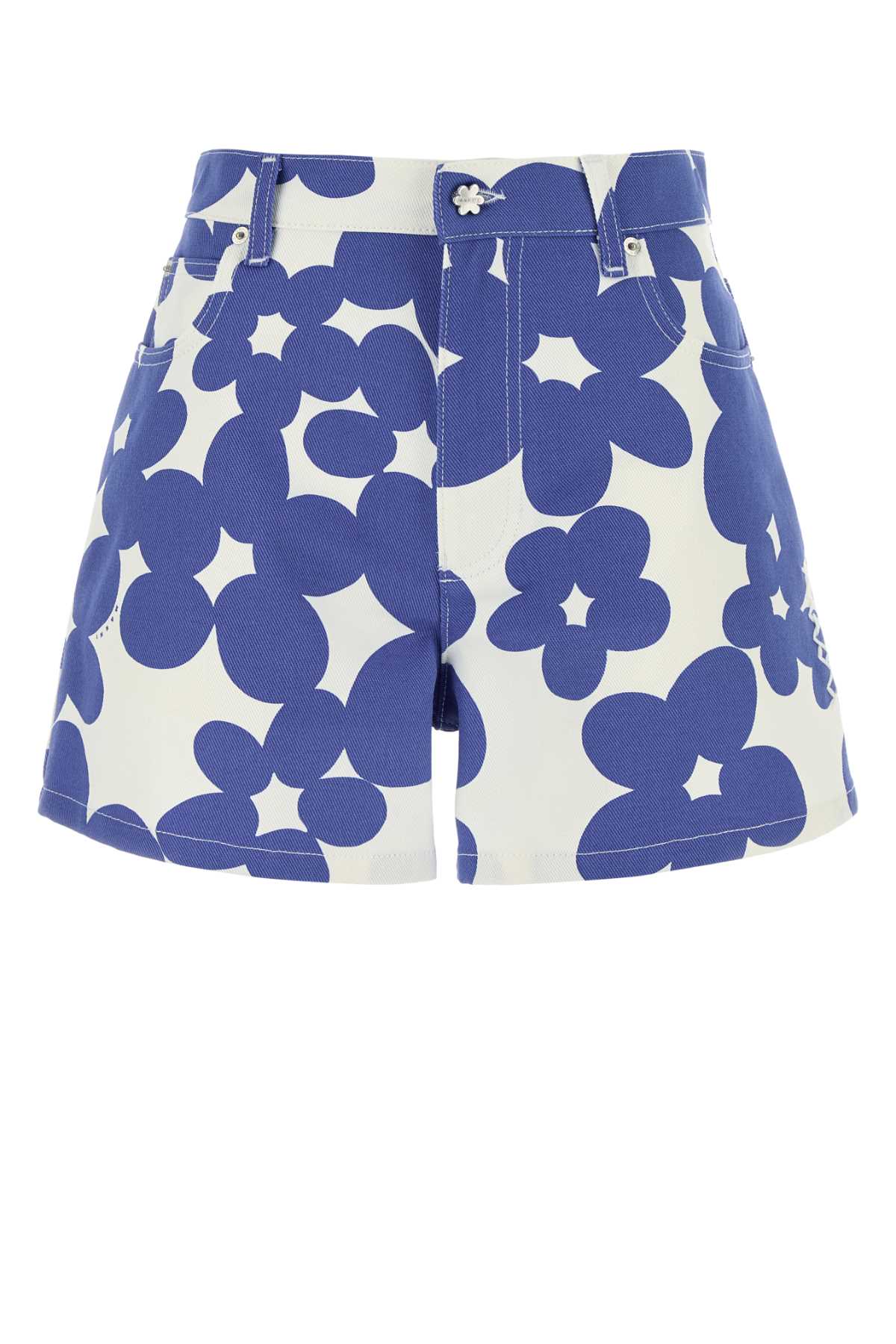 Marni White Cotton Gabardine Shorts With Floral Motif In Bluelilac