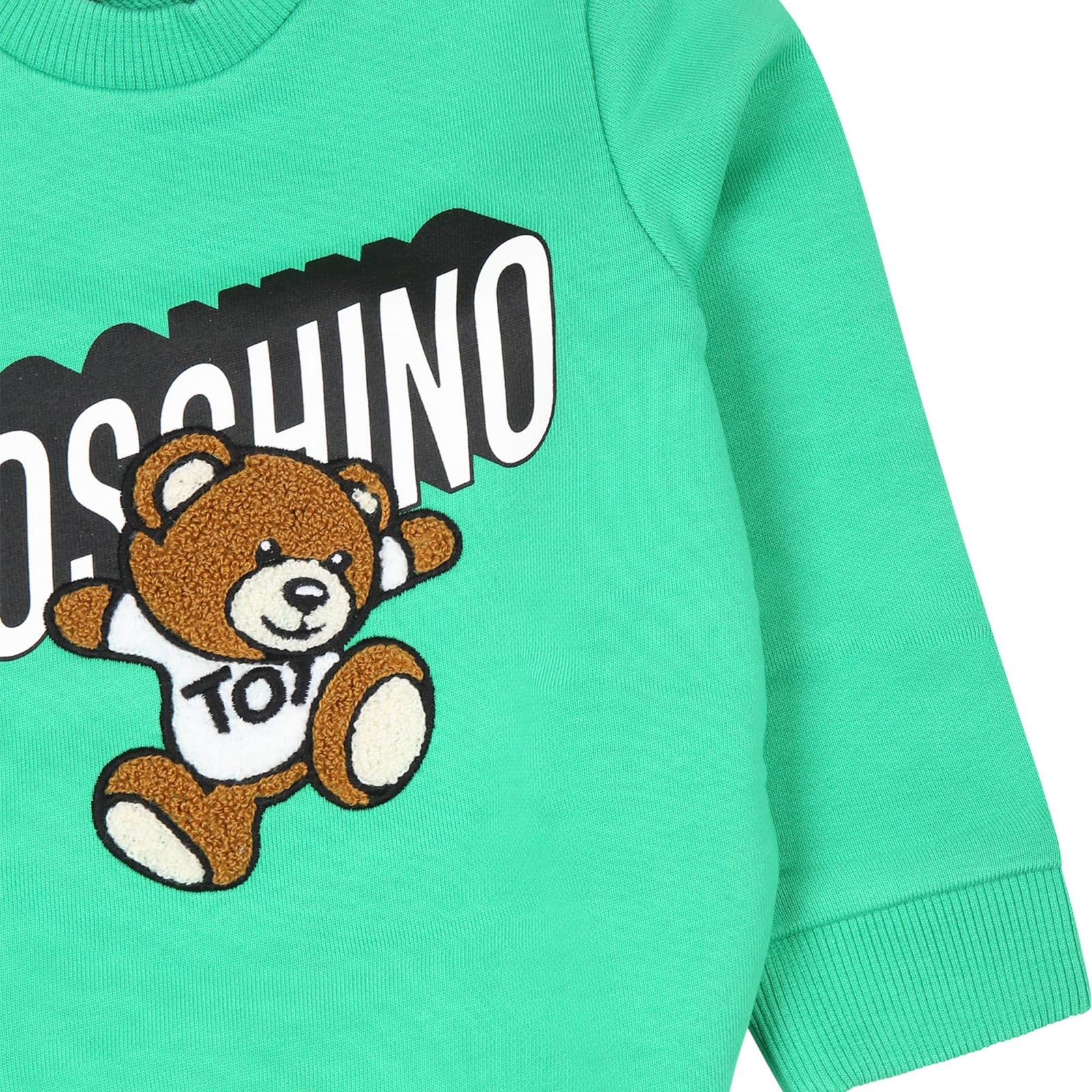 Shop Moschino Green Sweatshirt For Baby Boy With Teddy Bear And Logo