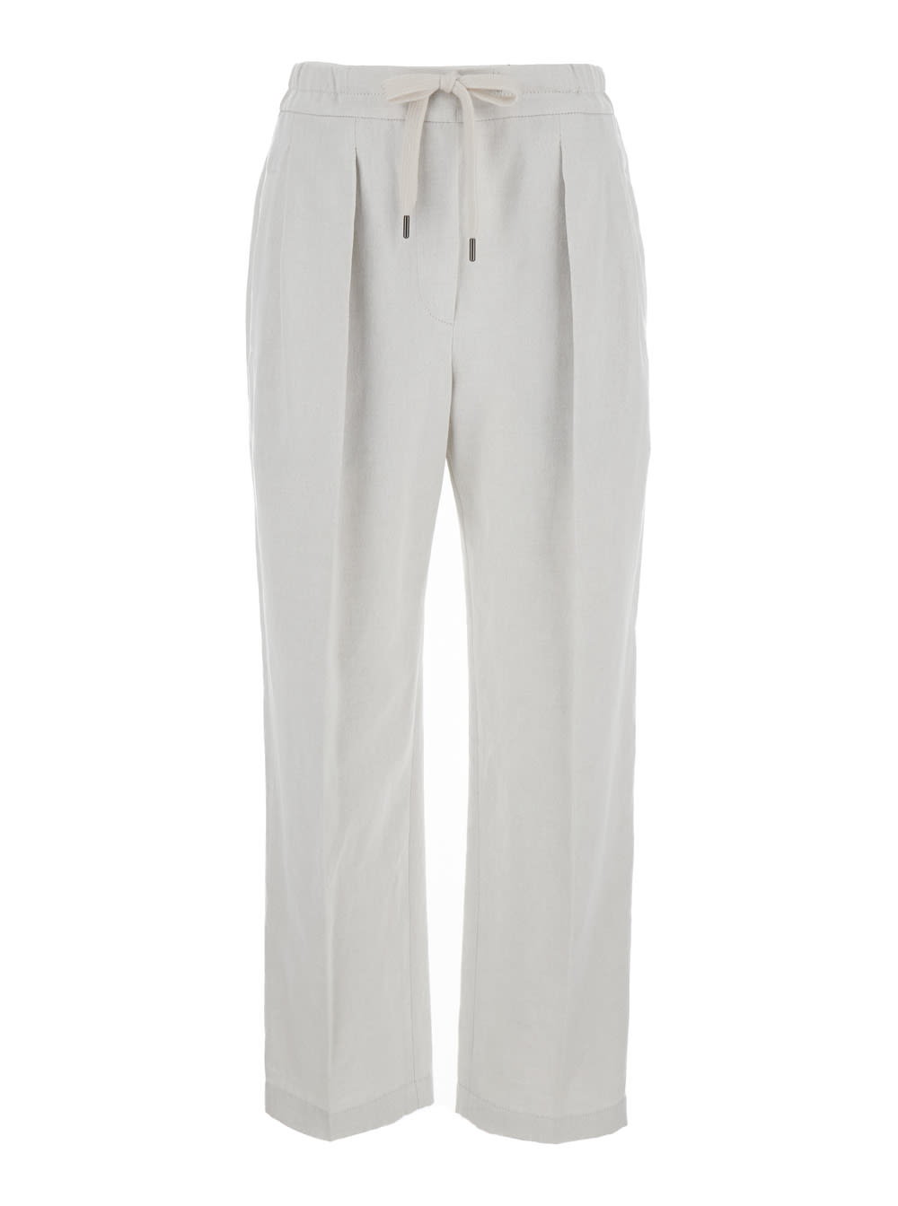 Shop Brunello Cucinelli White Relaxed Pants With Drawstring In Cotton And Linen Woman