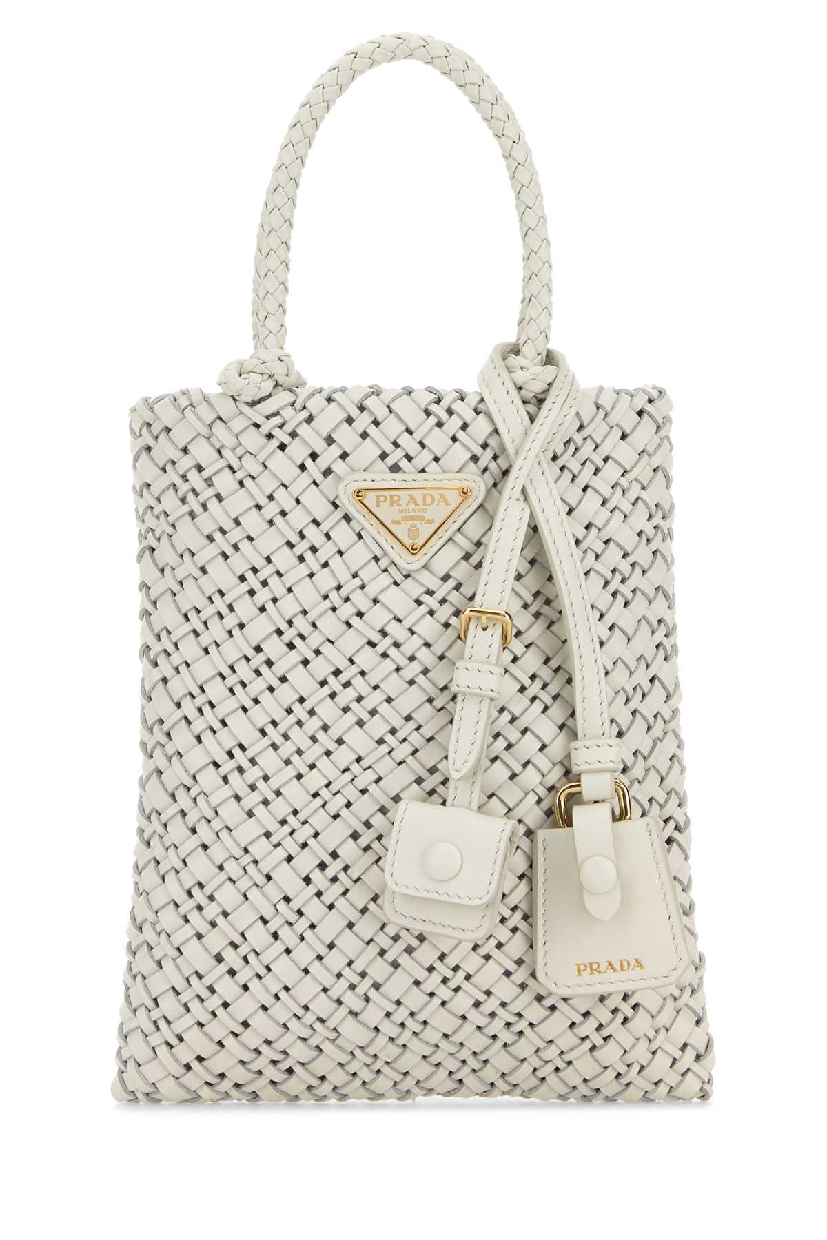 Prada Braided Leather Shoulder Bag Detachable Tag In White