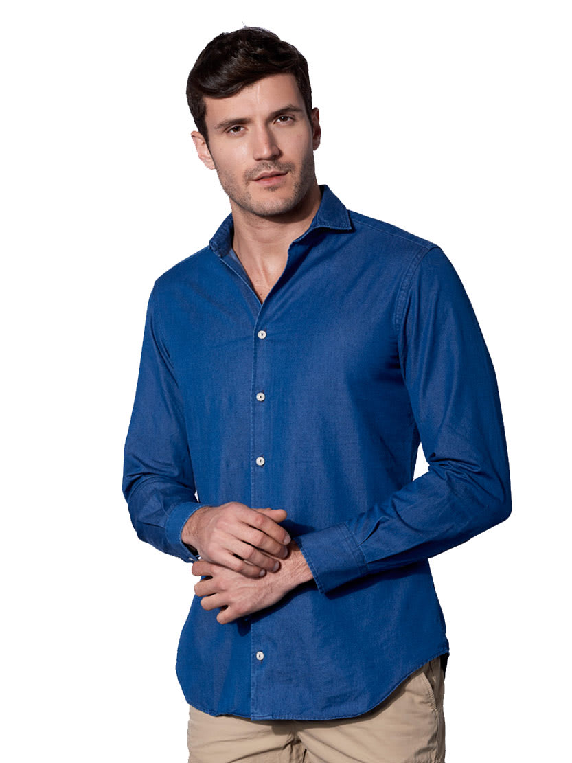 Mc2 Saint Barth Blue Denim Linen Man Shirt