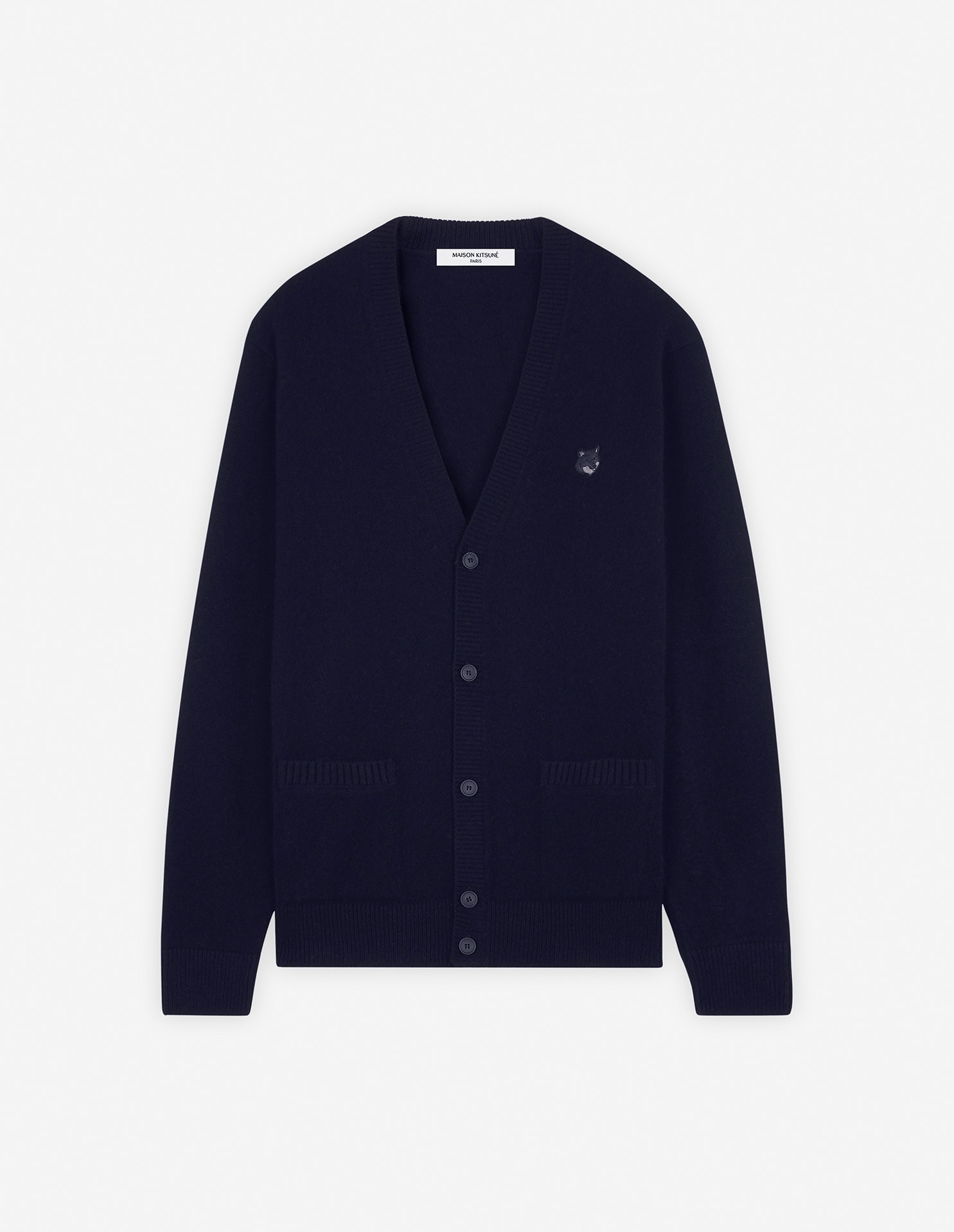 Shop Maison Kitsuné Bold Fox Head Patch Regular Cardigan In Lambswool In Navy