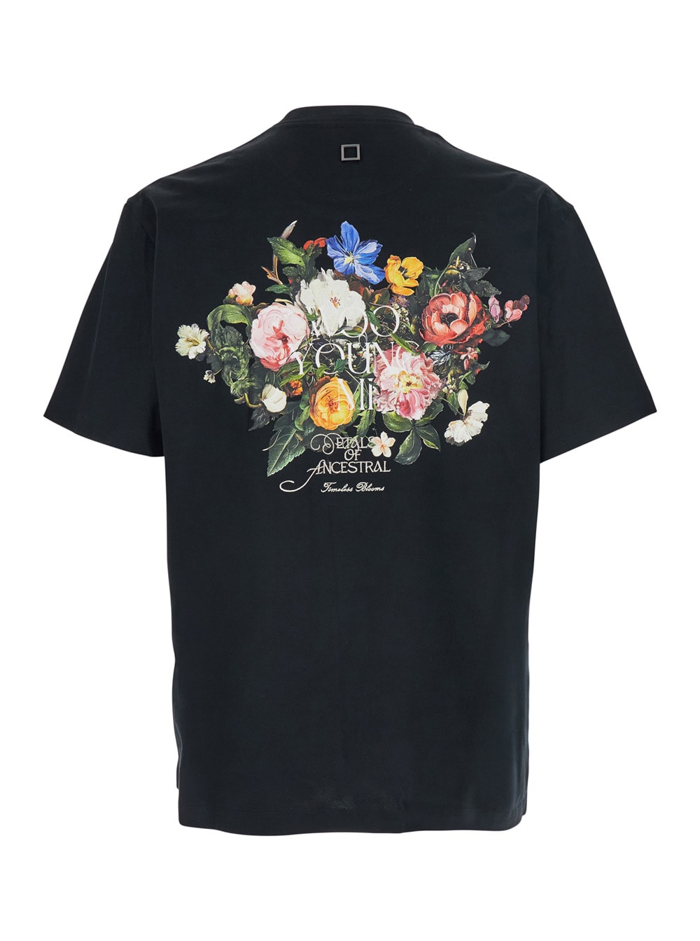 Wooyoungmi Black Crewneck T-shirt With Logo Patch On The Front And Floral Motif On The Rear In Cotton Man In Black