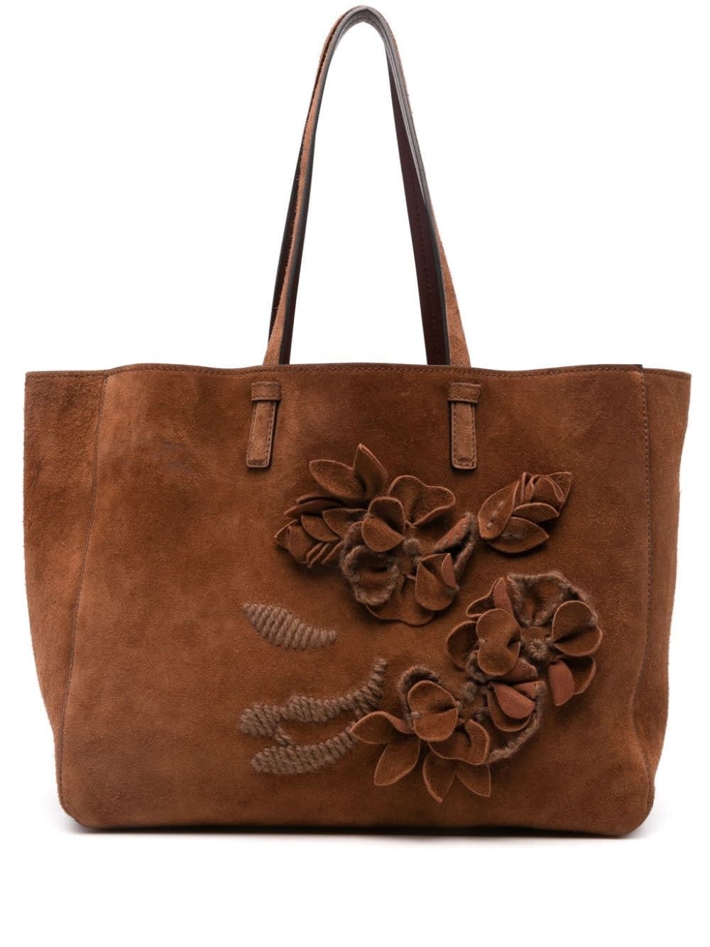 Shop Ermanno Scervino Brown Suede Shopping Bag With Appliqué Flowers