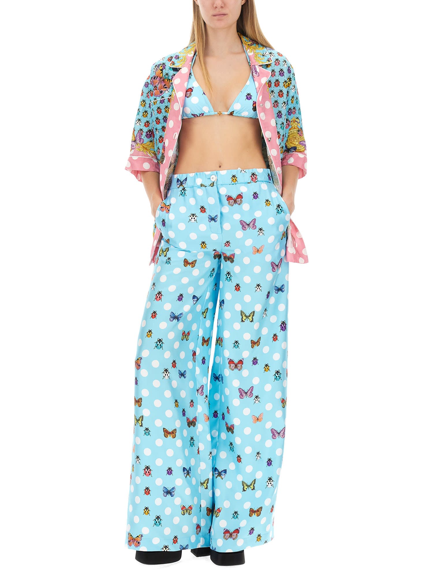 Versace Printed Silk Twill Wide Pants In Blue