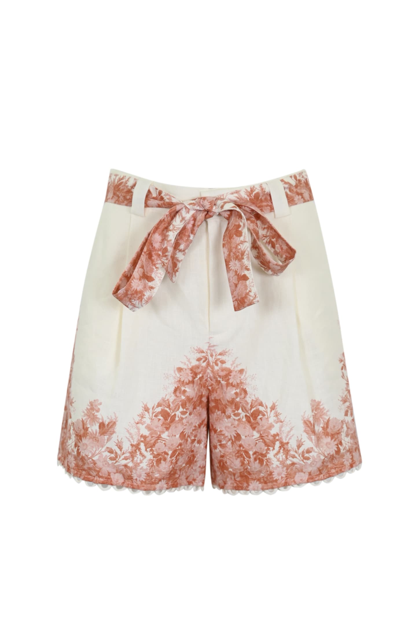 Shop Twinset Linen Shorts With Floral Print In Pomice/cra