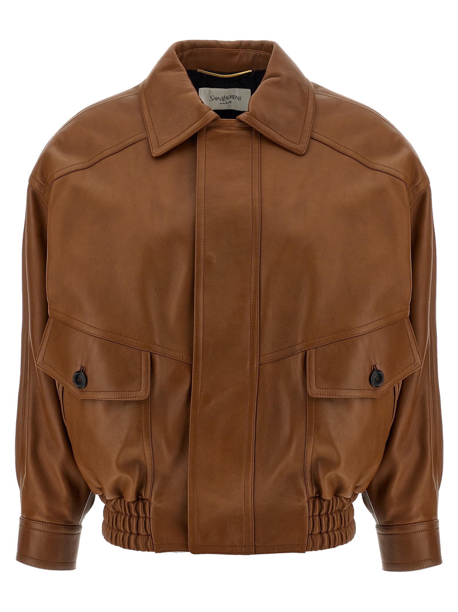 Saint Laurent Leather Bomber Jacket In Brown