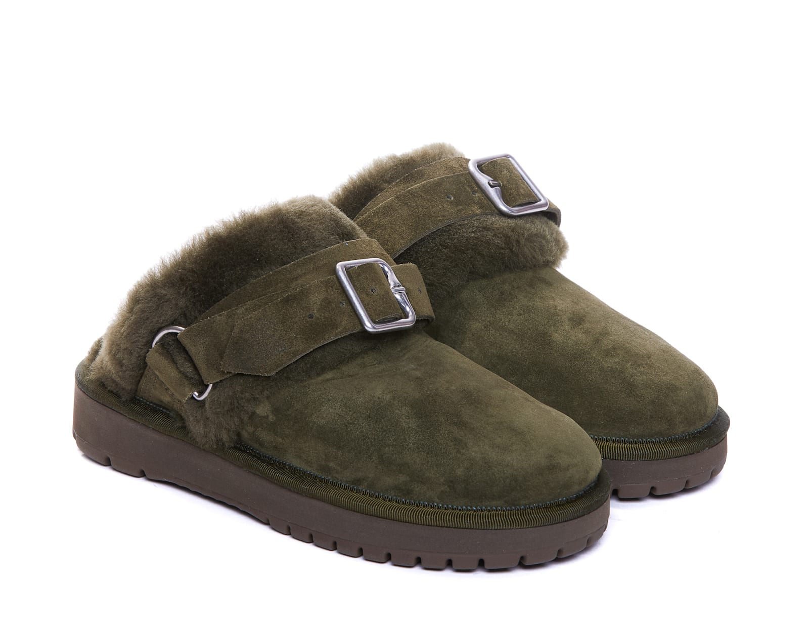 Shop Burberry Suede And Shearling Chubby Sliders In Green