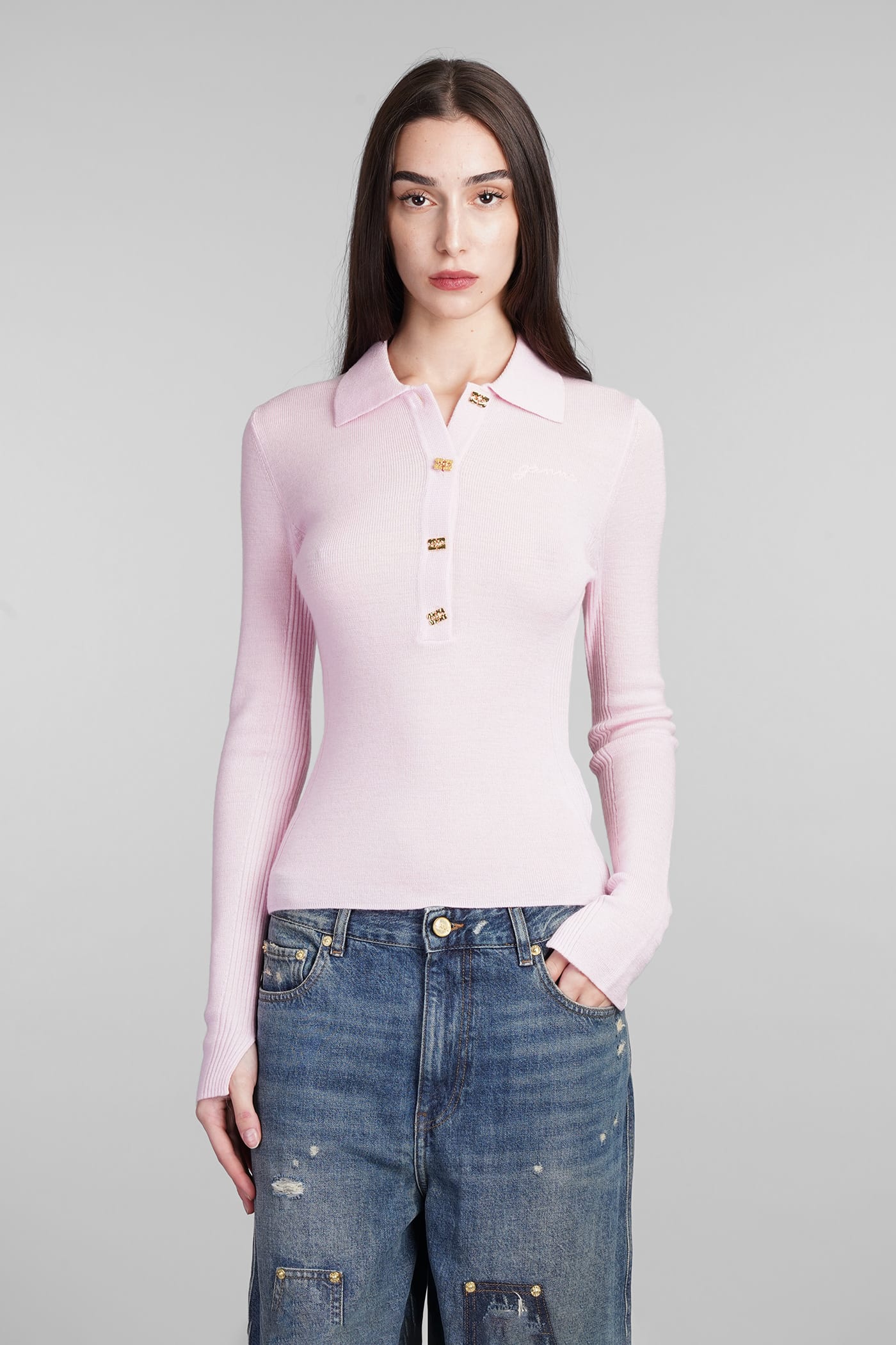 Shop Ganni Polo In Rose-pink Wool