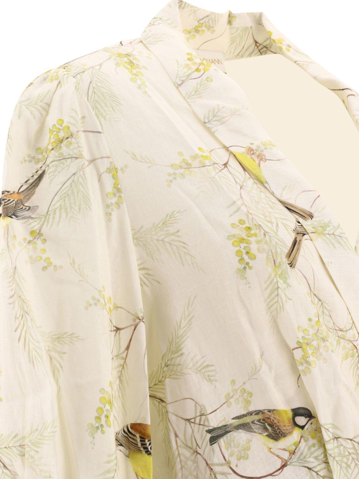 Shop Zimmermann Acacia Birds-printed Tied Waist Mini Dress In White