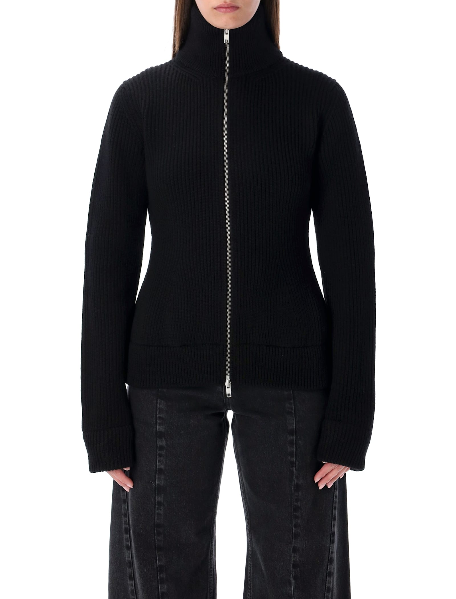 Maison Margiela Wool Ribbed Zip-up High-neck Cardigan In Black