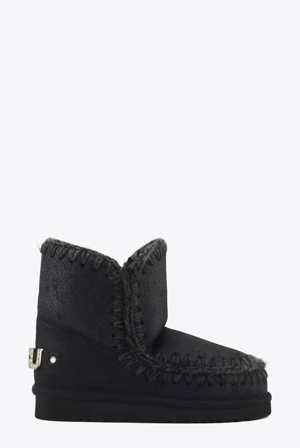 Shop Mou Eskimo 18 Rhinestones Logo Black Sheepskin Ankle Boots - Eskimo 18 Rhinestones Logo In Cbkg Cracked Black