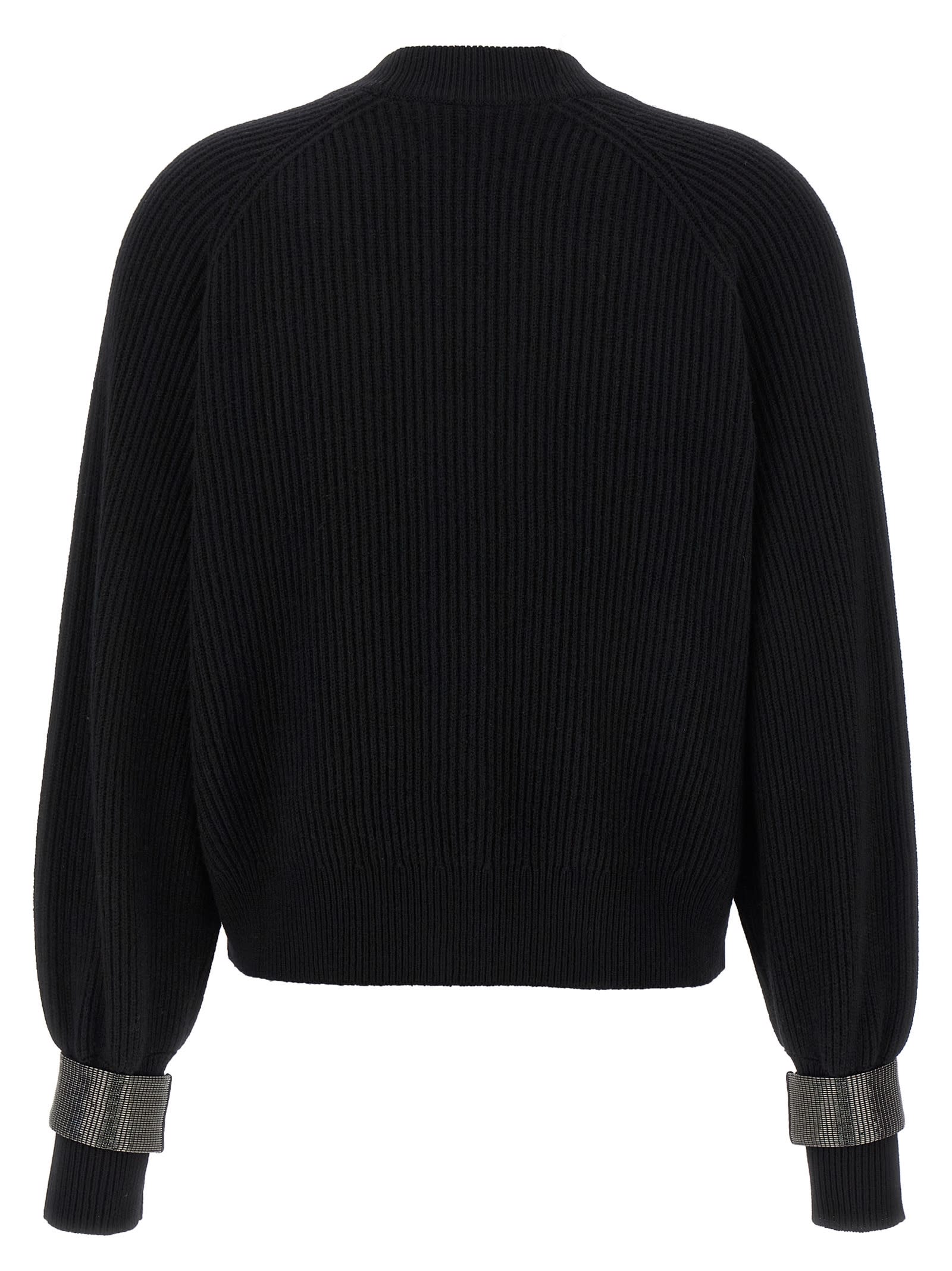 Brunello Cucinelli Ribbed Texture Cardigan With Contrasting Cuffs In Black
