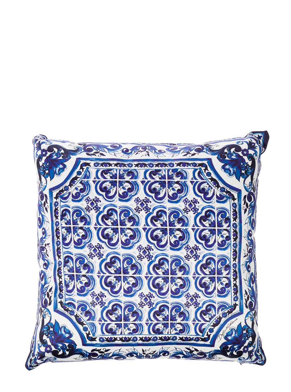 Dolce & Gabbana Blue And White Small Cushion With Blue Mediterranean Print In Duchesse Cotton