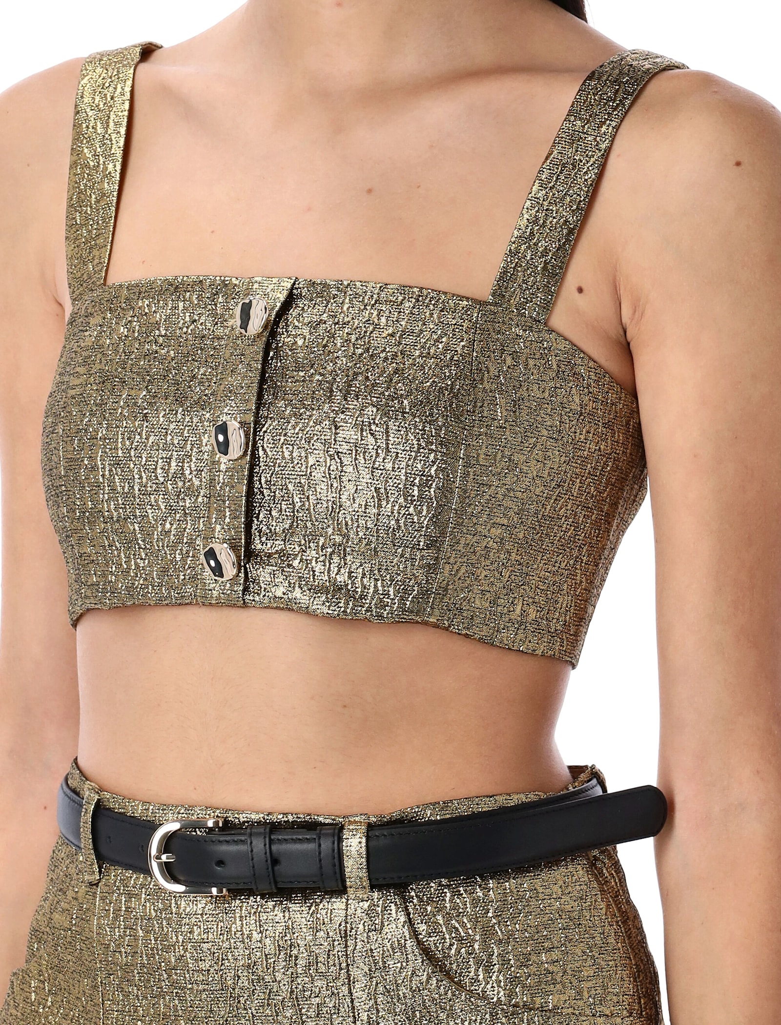 Shop Self-portrait Metallic Jacquard Crop Top In Gold