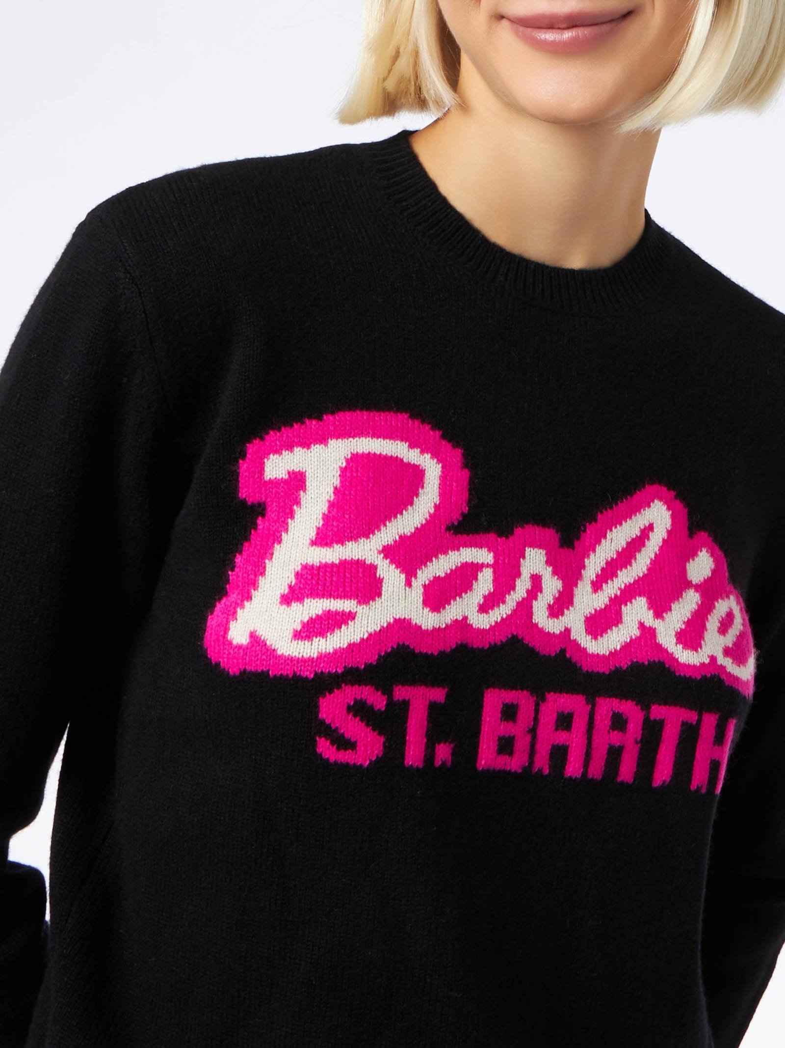 Shop Mc2 Saint Barth Woman Crewneck Black Sweater With Barbie Print Barbie Special Edition