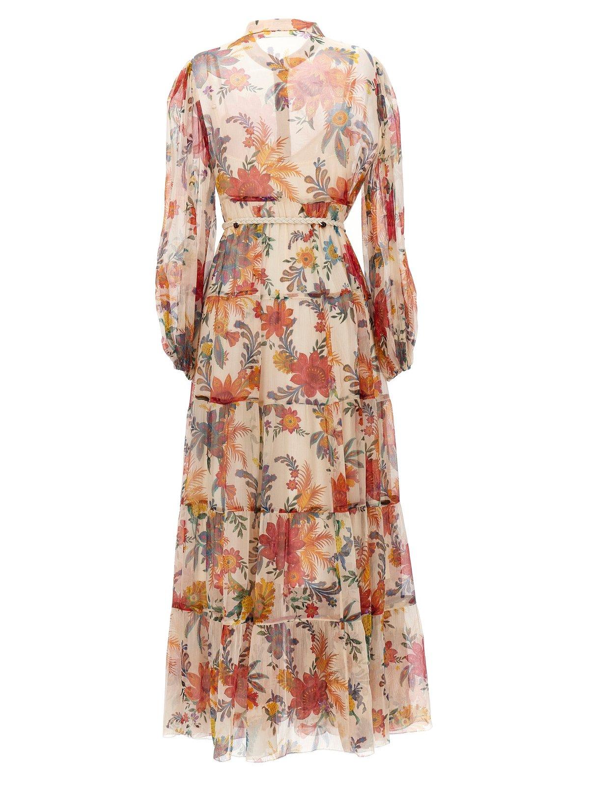 Shop Zimmermann Ginger Floral Print Tiered Midi Dress In Multicolour