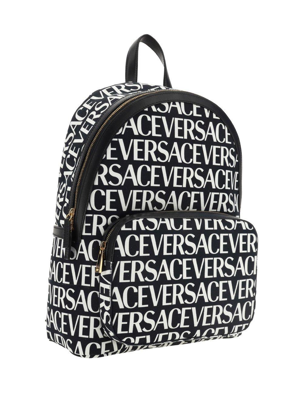 Shop Versace Allover Logo Printed Zipped Backpack In V Nero/bianco/oro