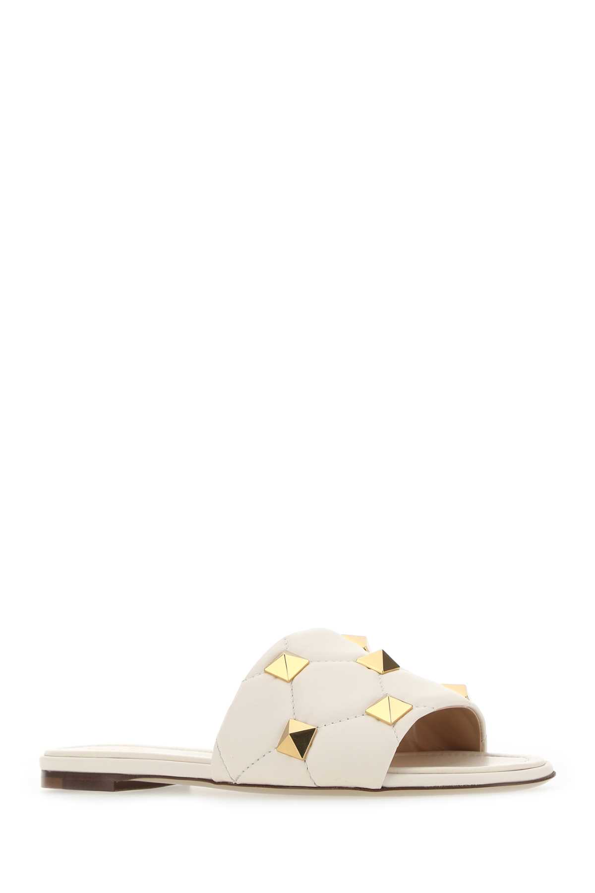 Shop Valentino Ivory Nappa Leather Roman Stud Slippers In I16